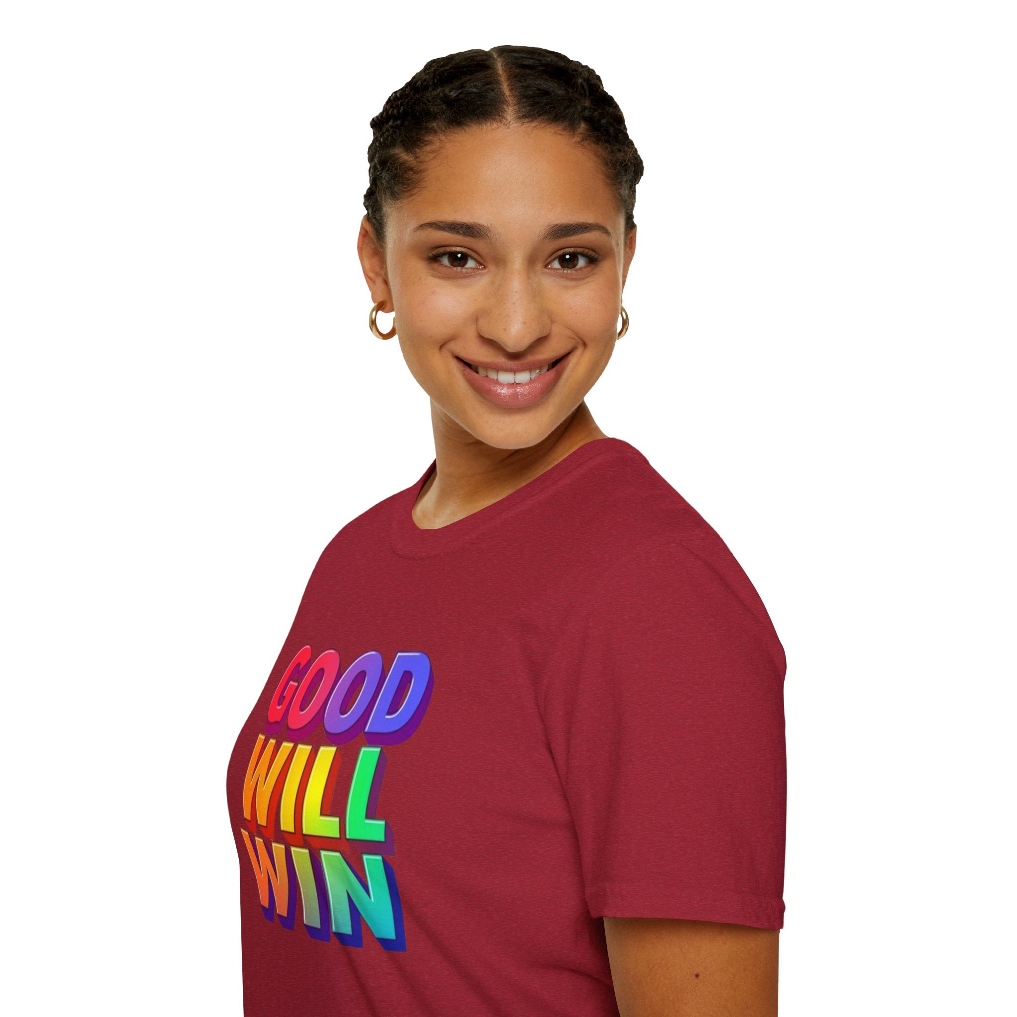 Camiseta unisex de estilo suave con mensaje positivo "Arcoíris, buena voluntad, triunfo"