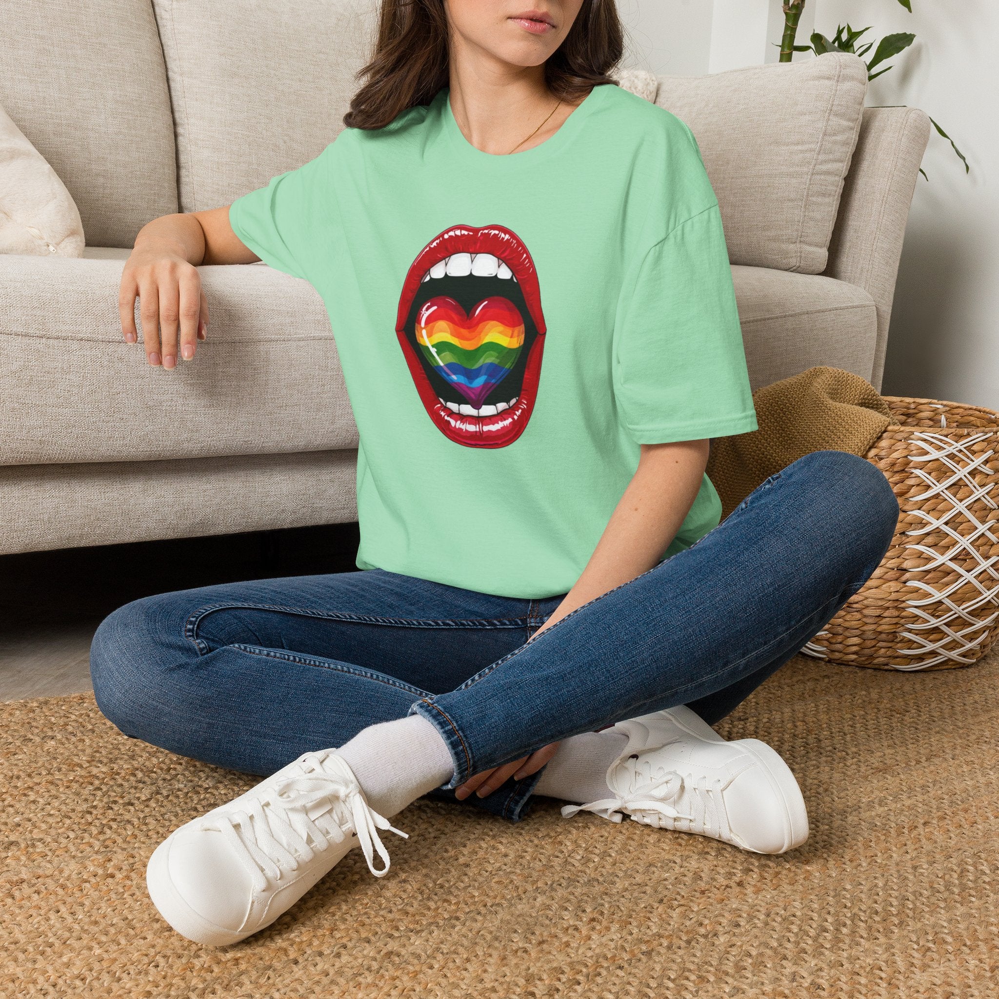 Pride Love Unisex Softstyle T-Shirt | LGBTQ+ Rainbow Heart Design