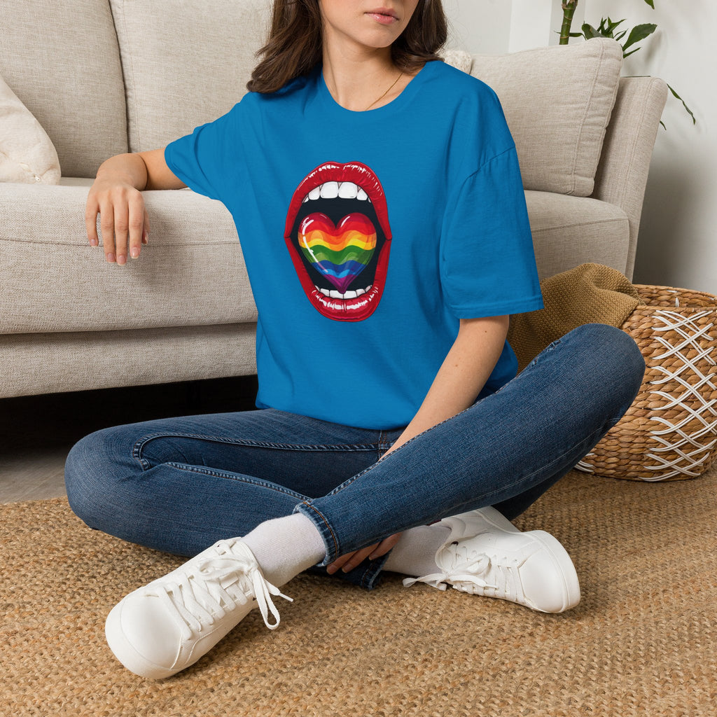 Pride Love Unisex Softstyle T-Shirt | LGBTQ+ Rainbow Heart Design
