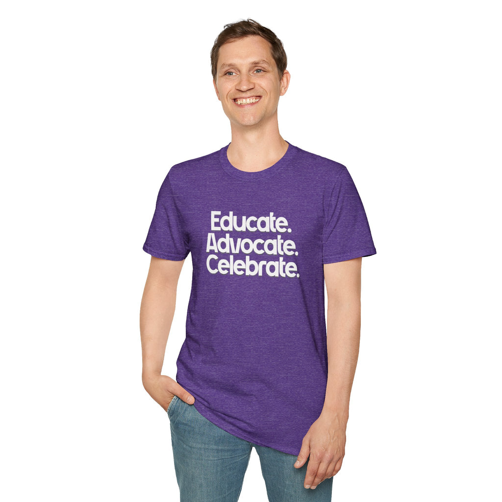 Educate. Advocate. Celebrate. Minimalist Pride T-Shirt