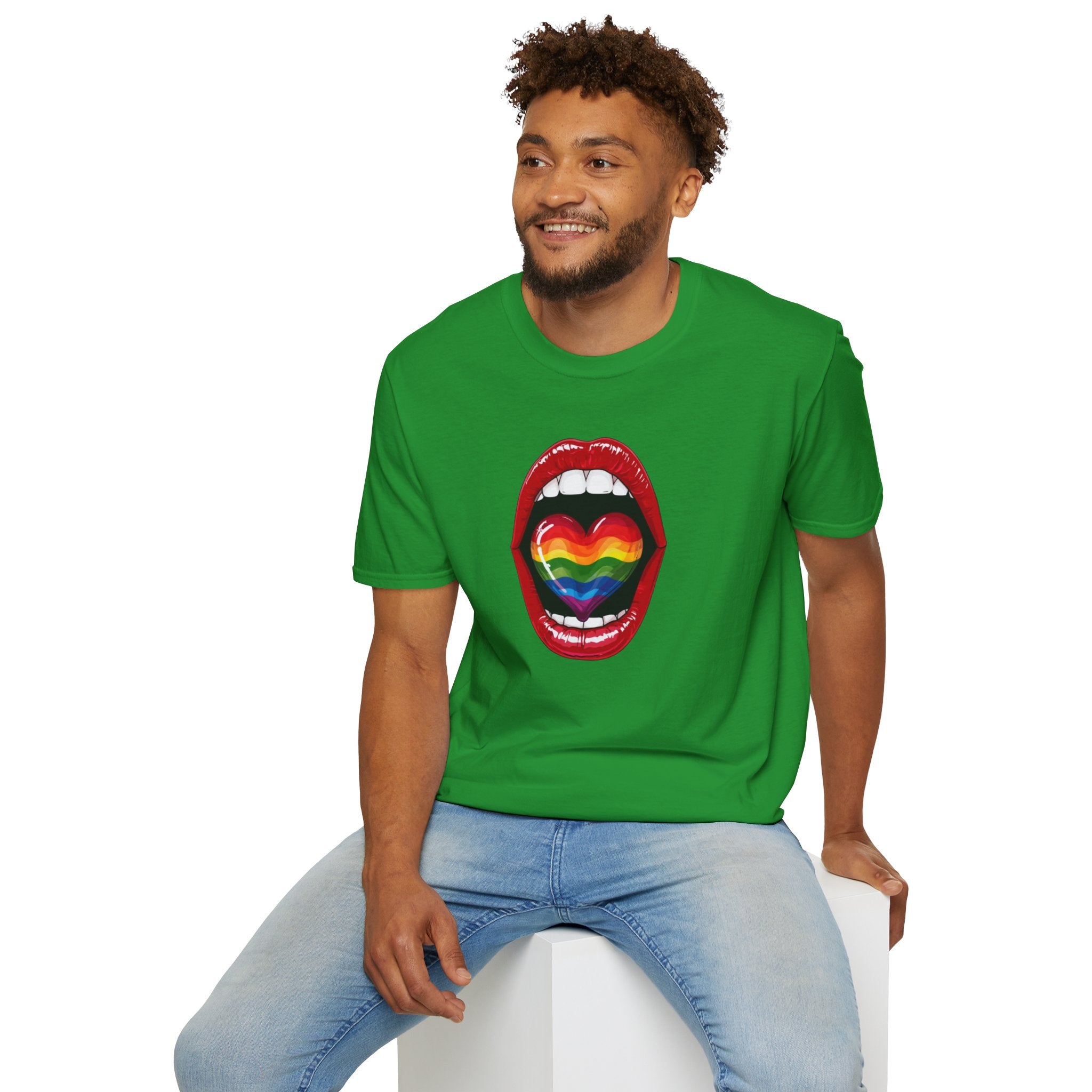 Pride Love Unisex Softstyle T-Shirt | LGBTQ+ Rainbow Heart Design