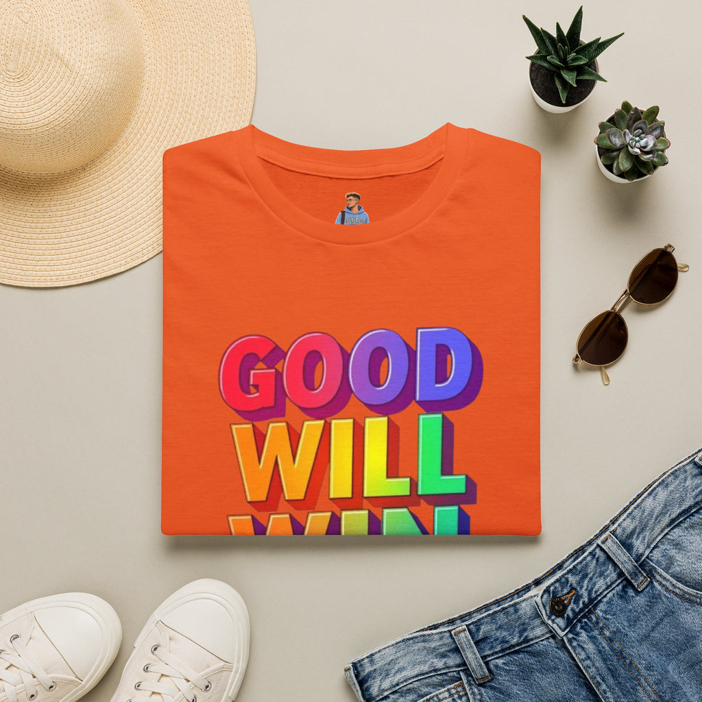 Camiseta unisex de estilo suave con mensaje positivo "Arcoíris, buena voluntad, triunfo"