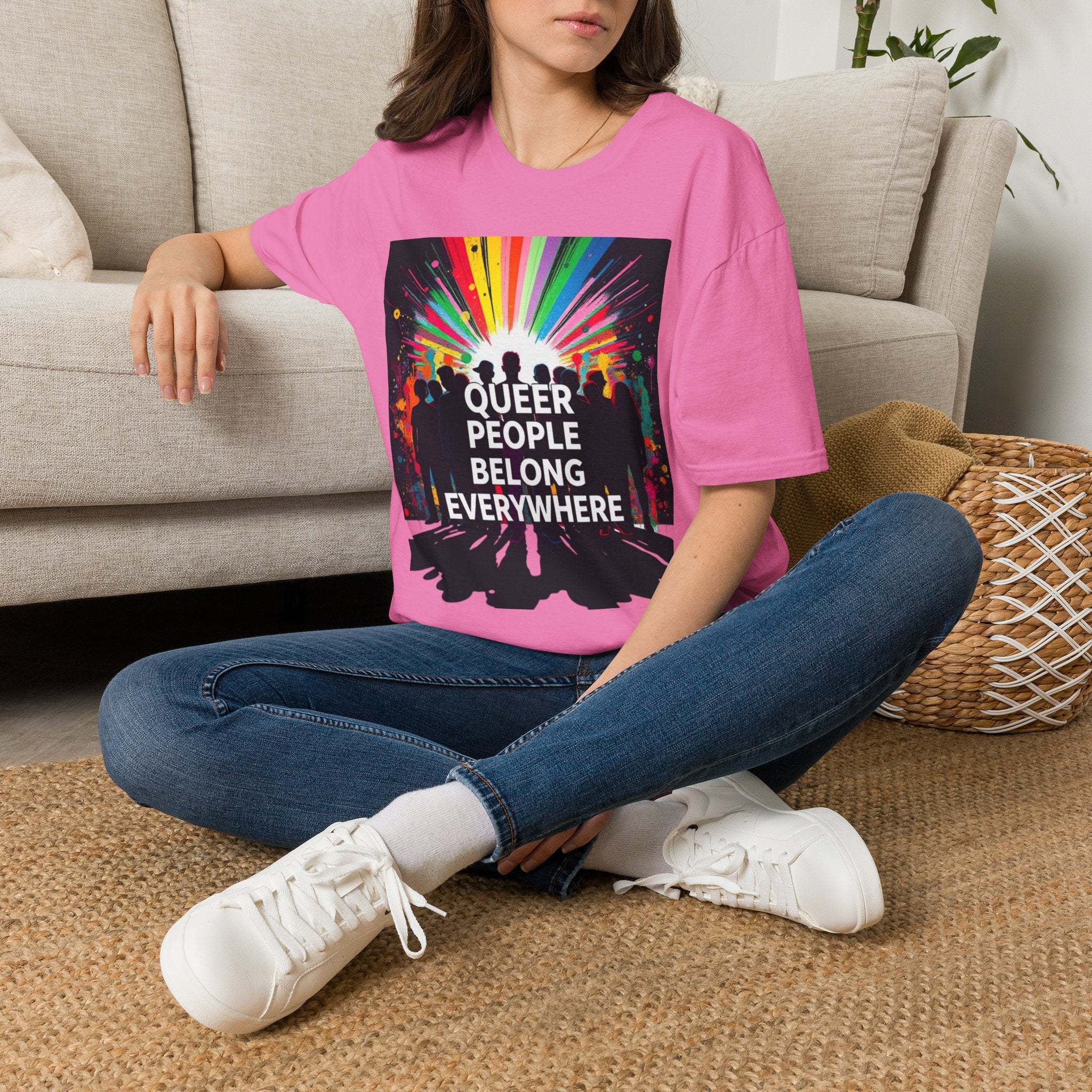 Unisex Softstyle T-Shirt - 'Queer People Belong Everywhere' Pride Graphic Tee