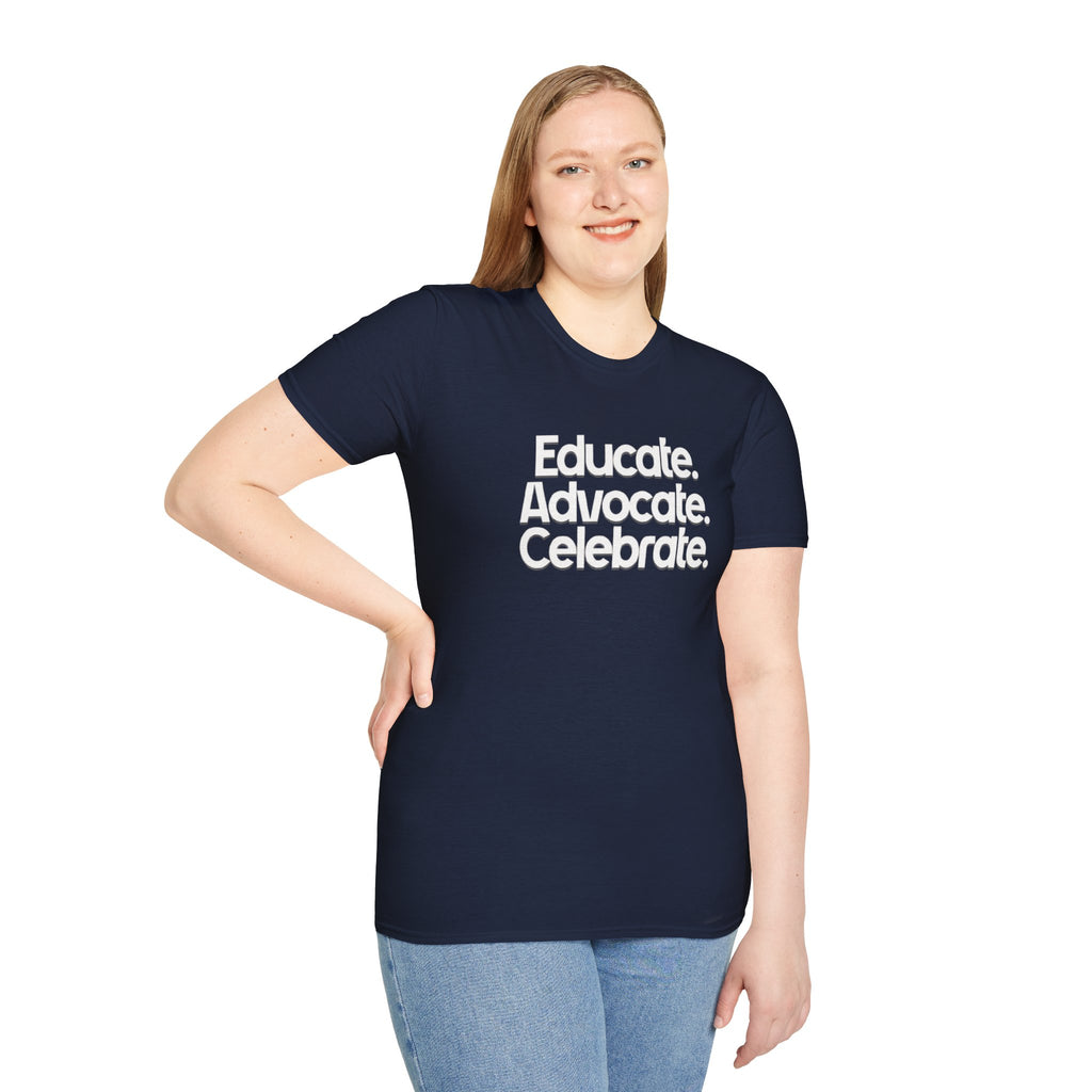 Educate. Advocate. Celebrate. Minimalist Pride T-Shirt