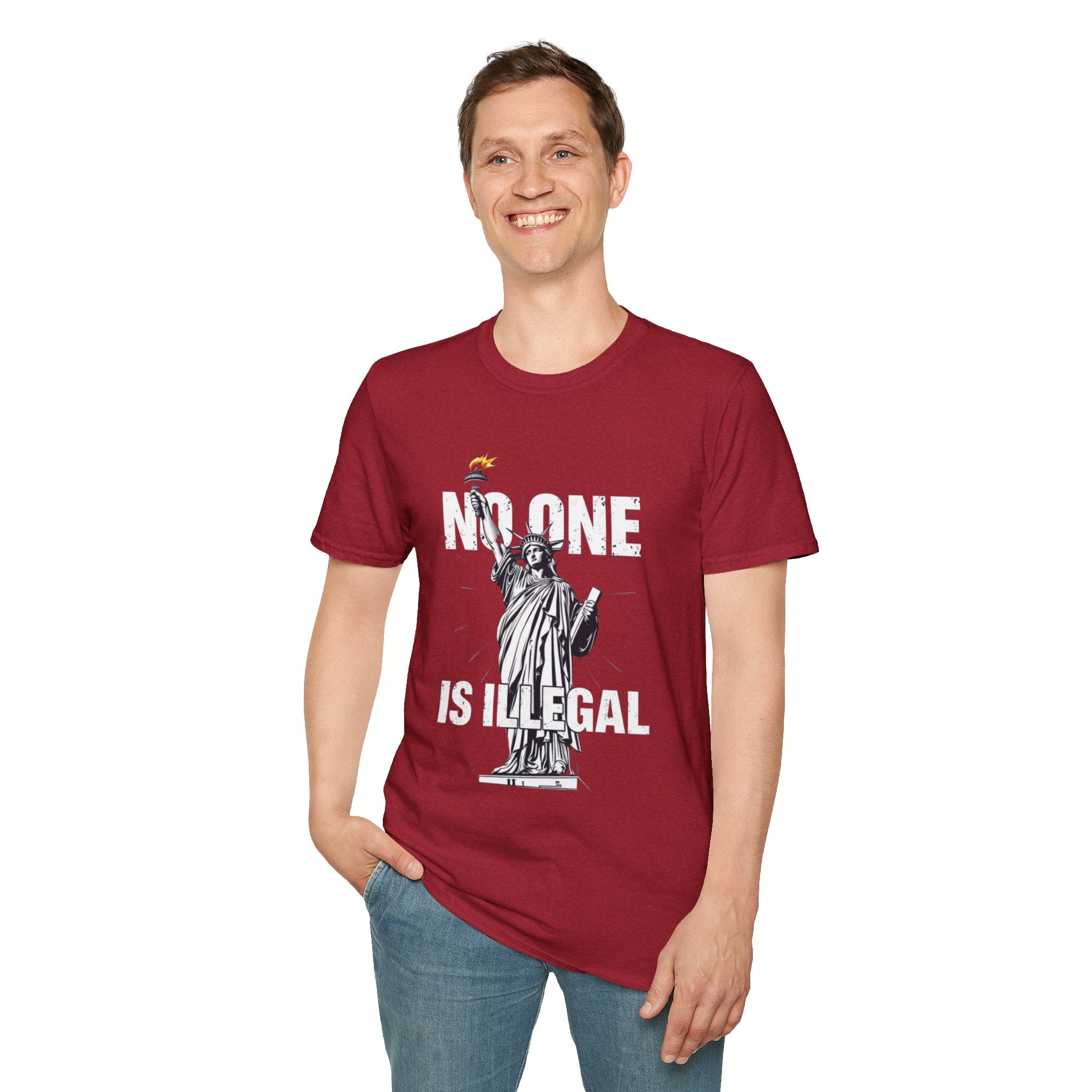 Camiseta unisex de estilo suave: camiseta gráfica con el lema "Nadie es ilegal" para defensores de la justicia social