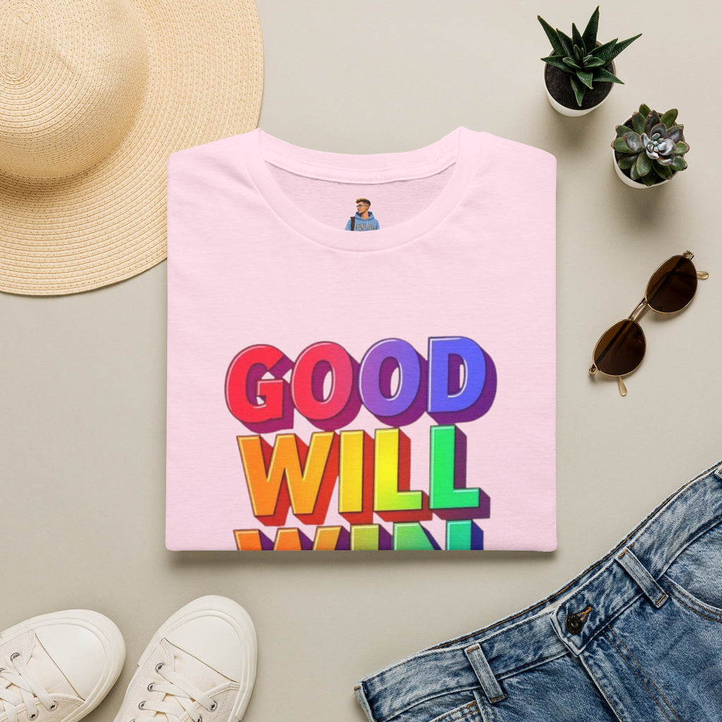 Camiseta unisex de estilo suave con mensaje positivo "Arcoíris, buena voluntad, triunfo"