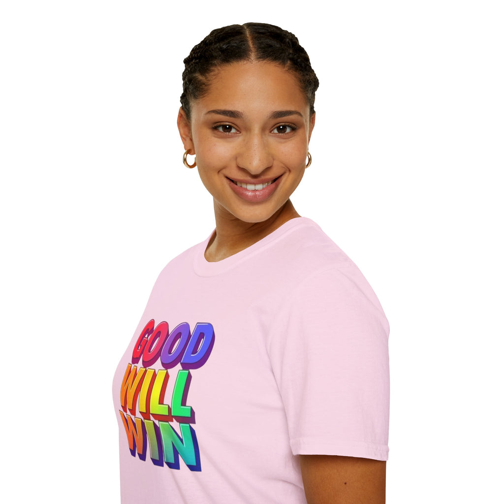 Camiseta unisex de estilo suave con mensaje positivo "Arcoíris, buena voluntad, triunfo"