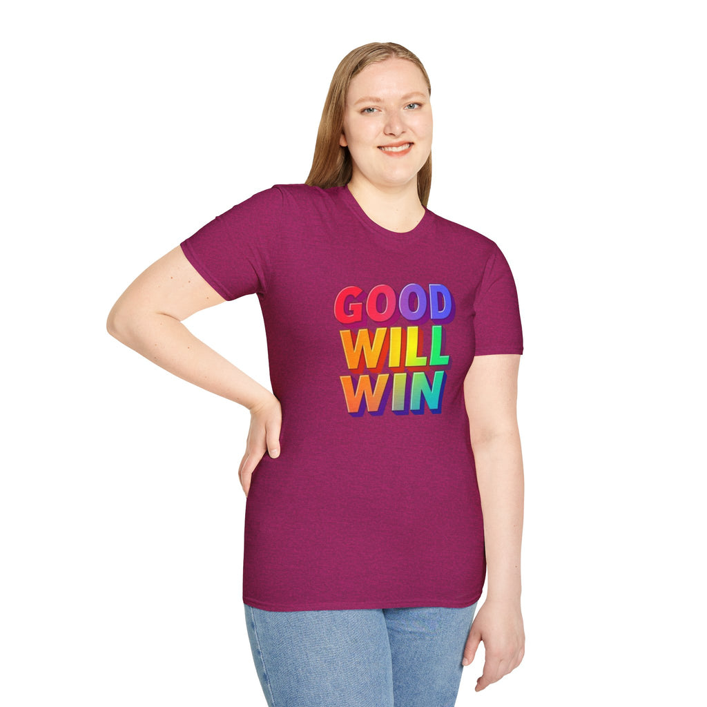 Camiseta unisex de estilo suave con mensaje positivo "Arcoíris, buena voluntad, triunfo"