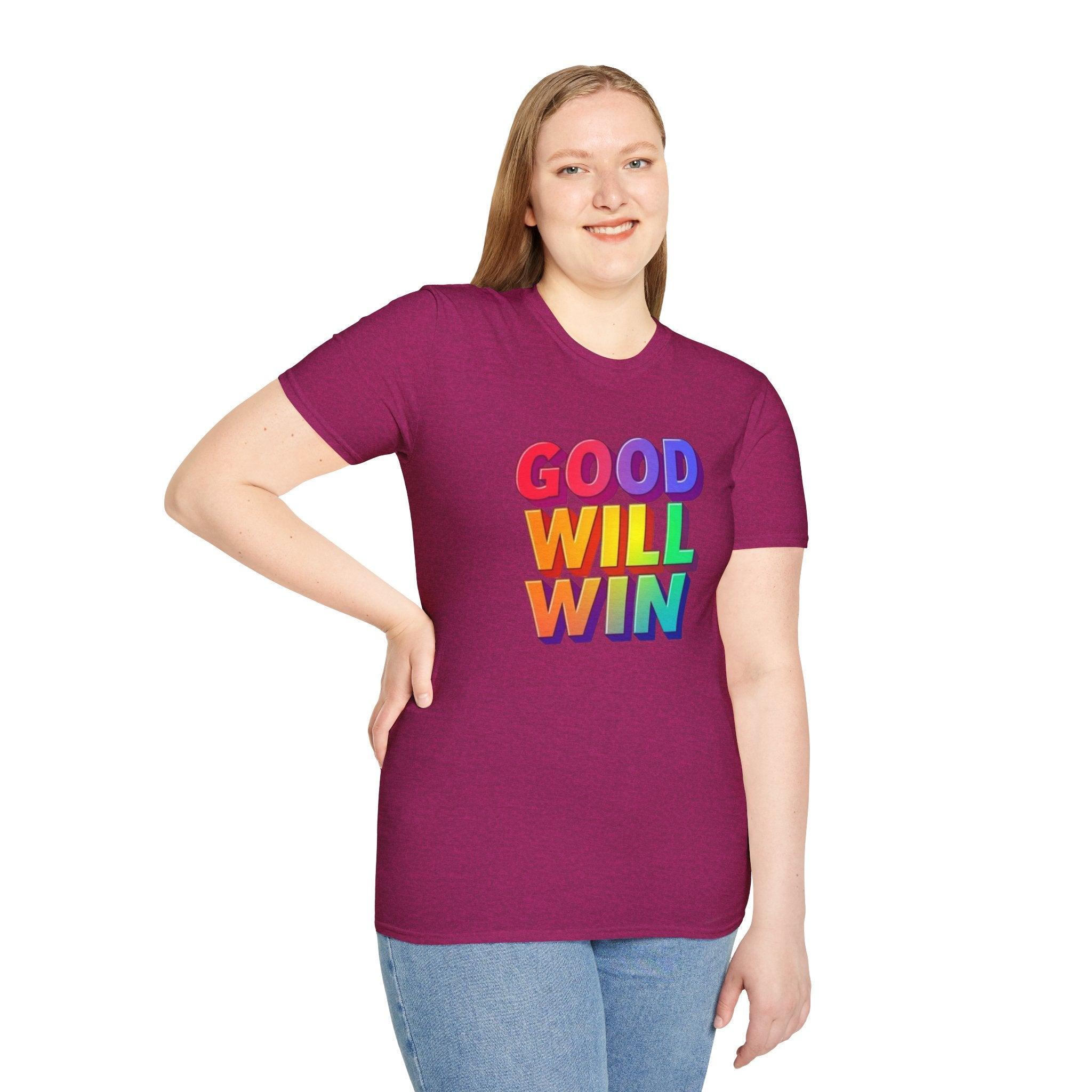 Camiseta unisex de estilo suave con mensaje positivo "Arcoíris, buena voluntad, triunfo"