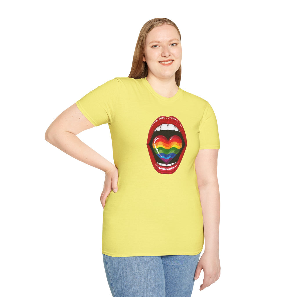 Pride Love Unisex Softstyle T-Shirt | LGBTQ+ Rainbow Heart Design