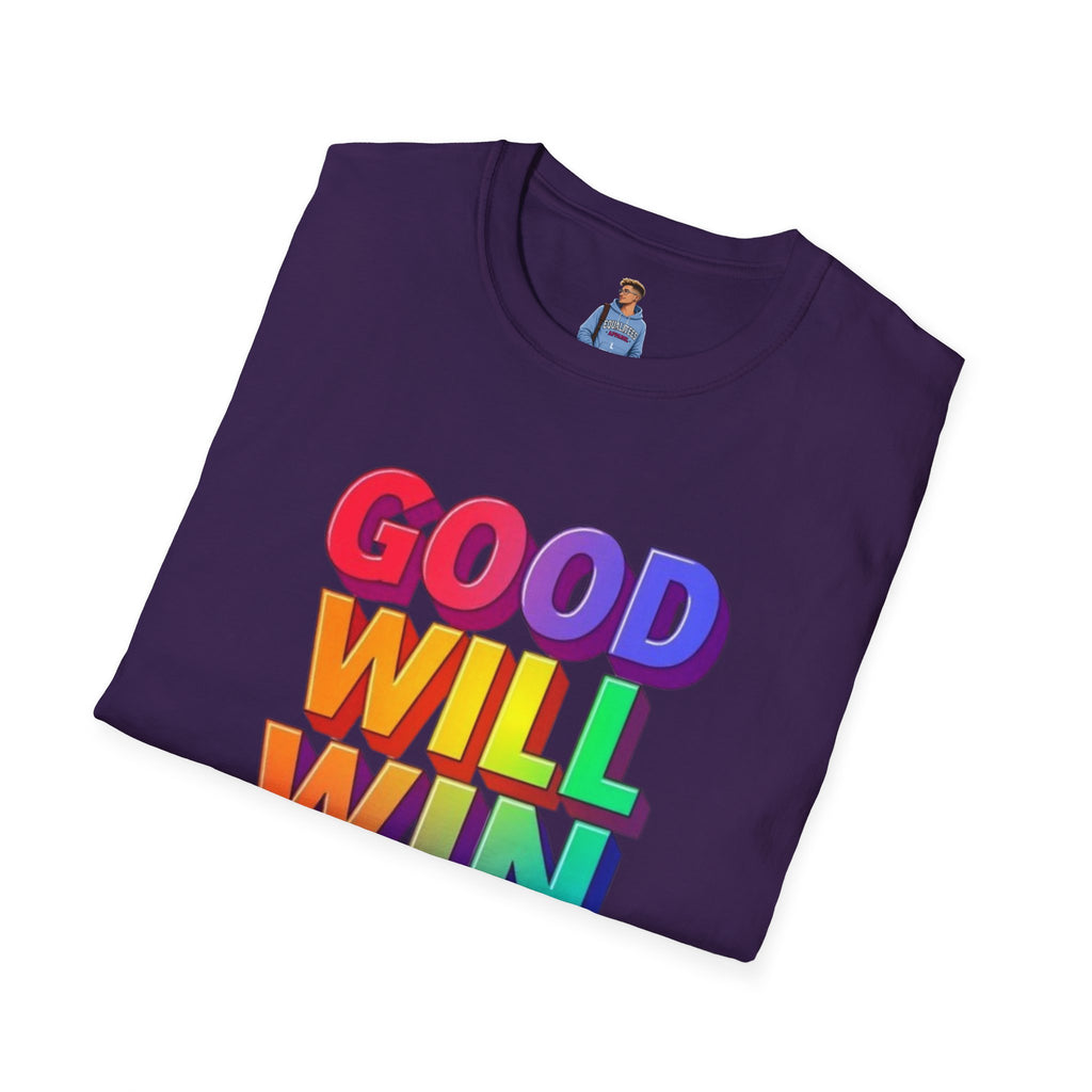 Camiseta unisex de estilo suave con mensaje positivo "Arcoíris, buena voluntad, triunfo"
