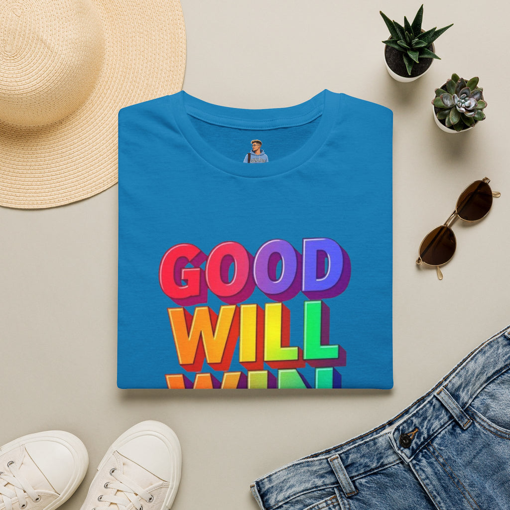 Camiseta unisex de estilo suave con mensaje positivo "Arcoíris, buena voluntad, triunfo"