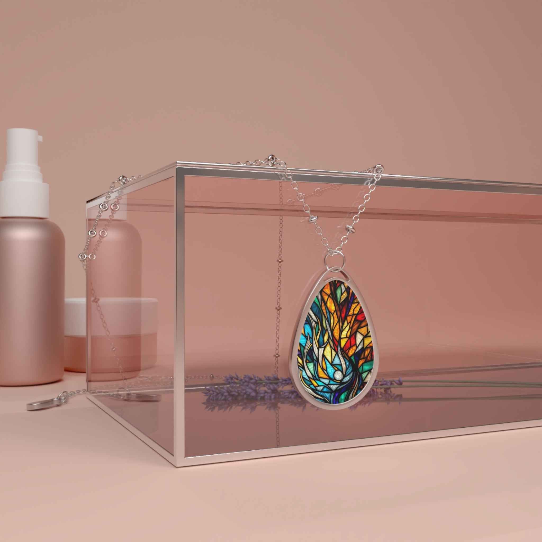 Stained Glass Tear Drop Oval Necklace — Blue Fire Pendant