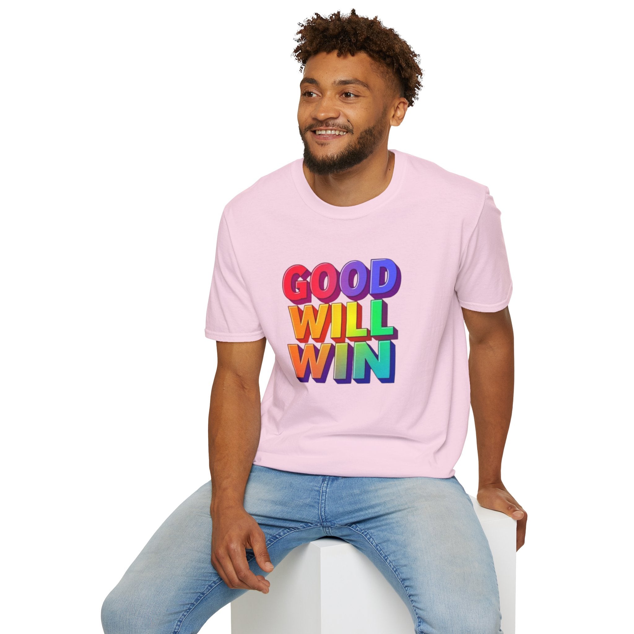 Camiseta unisex de estilo suave con mensaje positivo "Arcoíris, buena voluntad, triunfo"