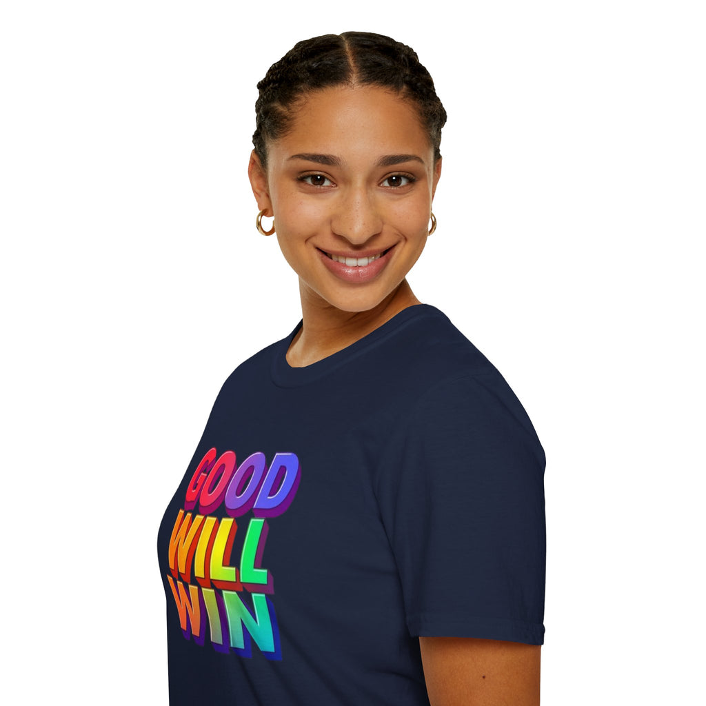 Camiseta unisex de estilo suave con mensaje positivo "Arcoíris, buena voluntad, triunfo"