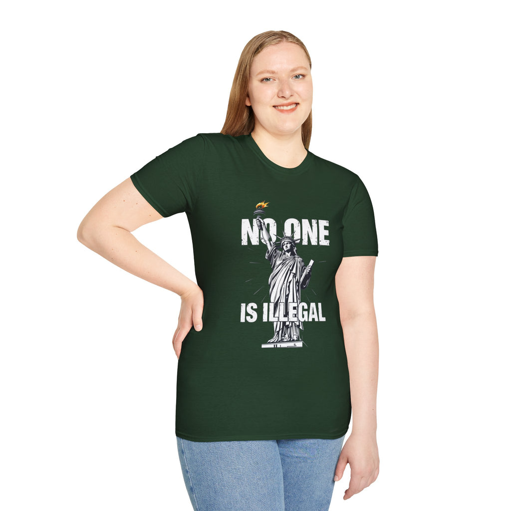 Camiseta unisex de estilo suave: camiseta gráfica con el lema "Nadie es ilegal" para defensores de la justicia social