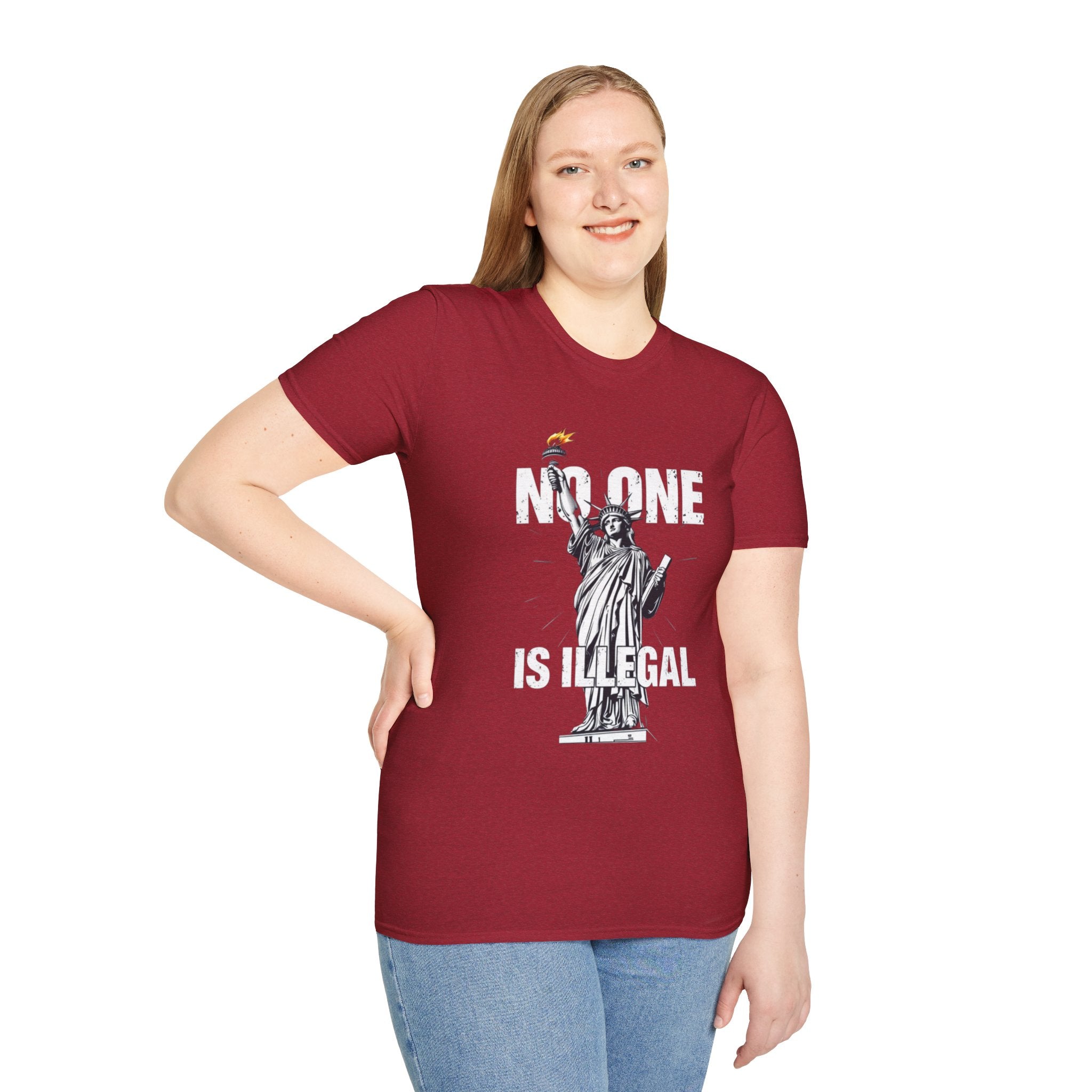 Camiseta unisex de estilo suave: camiseta gráfica con el lema "Nadie es ilegal" para defensores de la justicia social