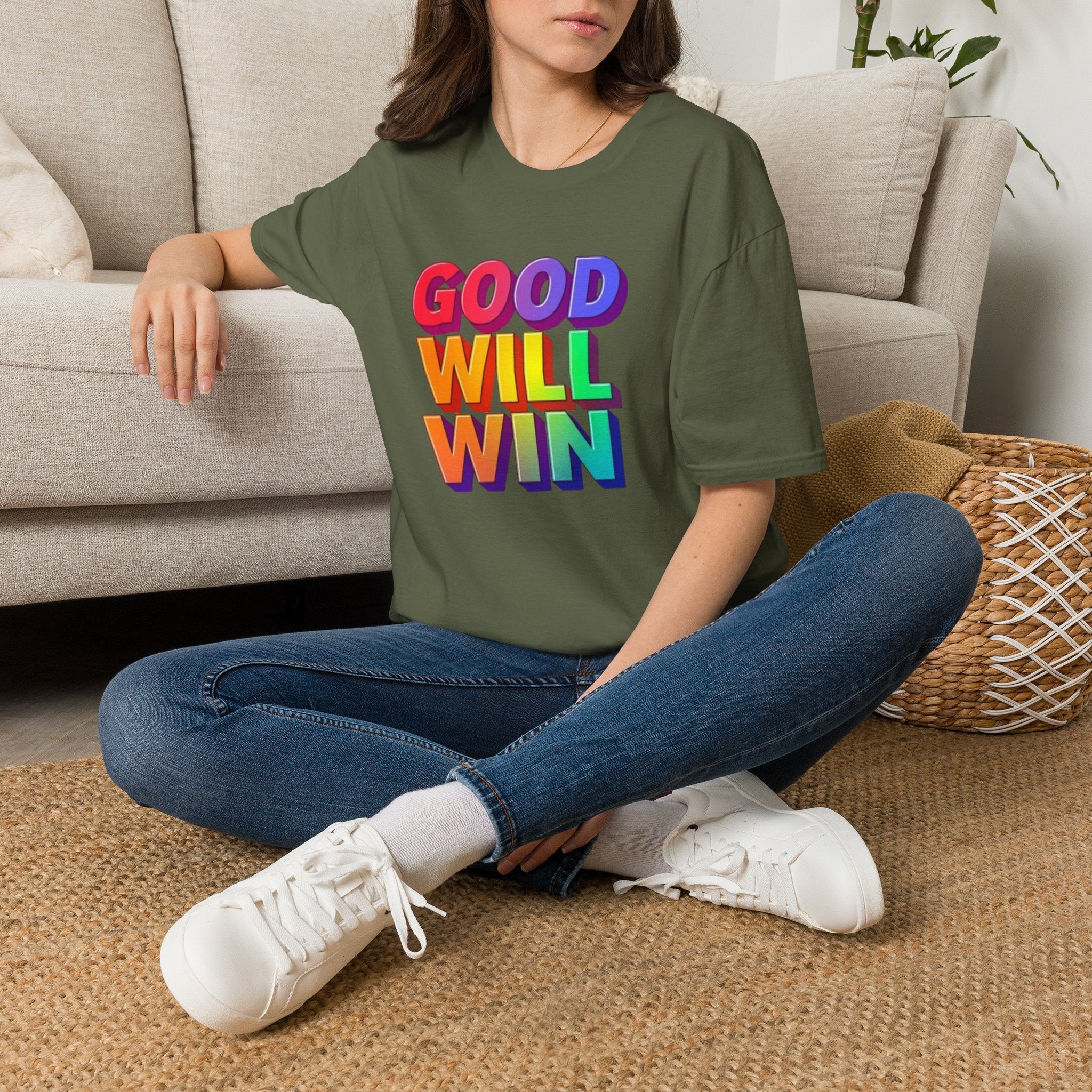 Camiseta unisex de estilo suave con mensaje positivo "Arcoíris, buena voluntad, triunfo"