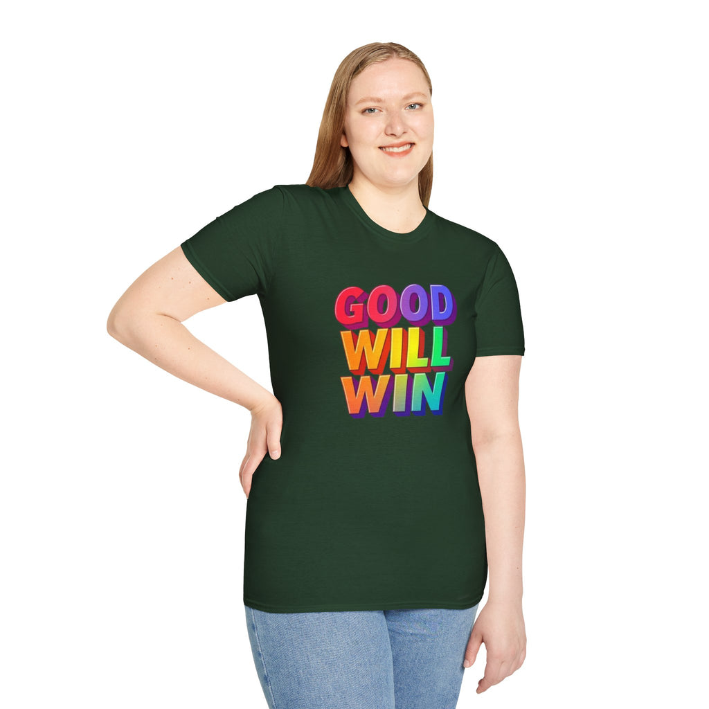 Camiseta unisex de estilo suave con mensaje positivo "Arcoíris, buena voluntad, triunfo"