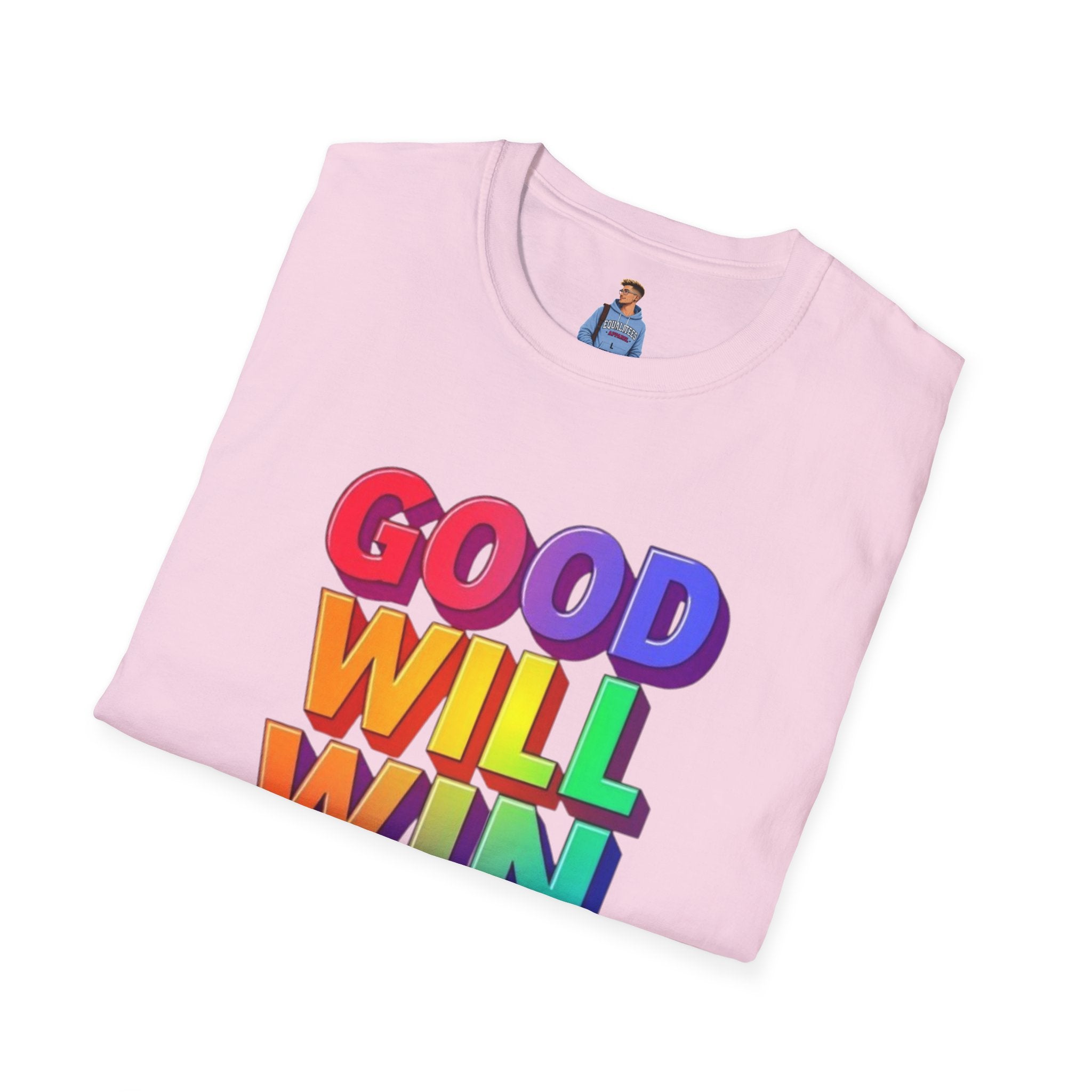 Camiseta unisex de estilo suave con mensaje positivo "Arcoíris, buena voluntad, triunfo"
