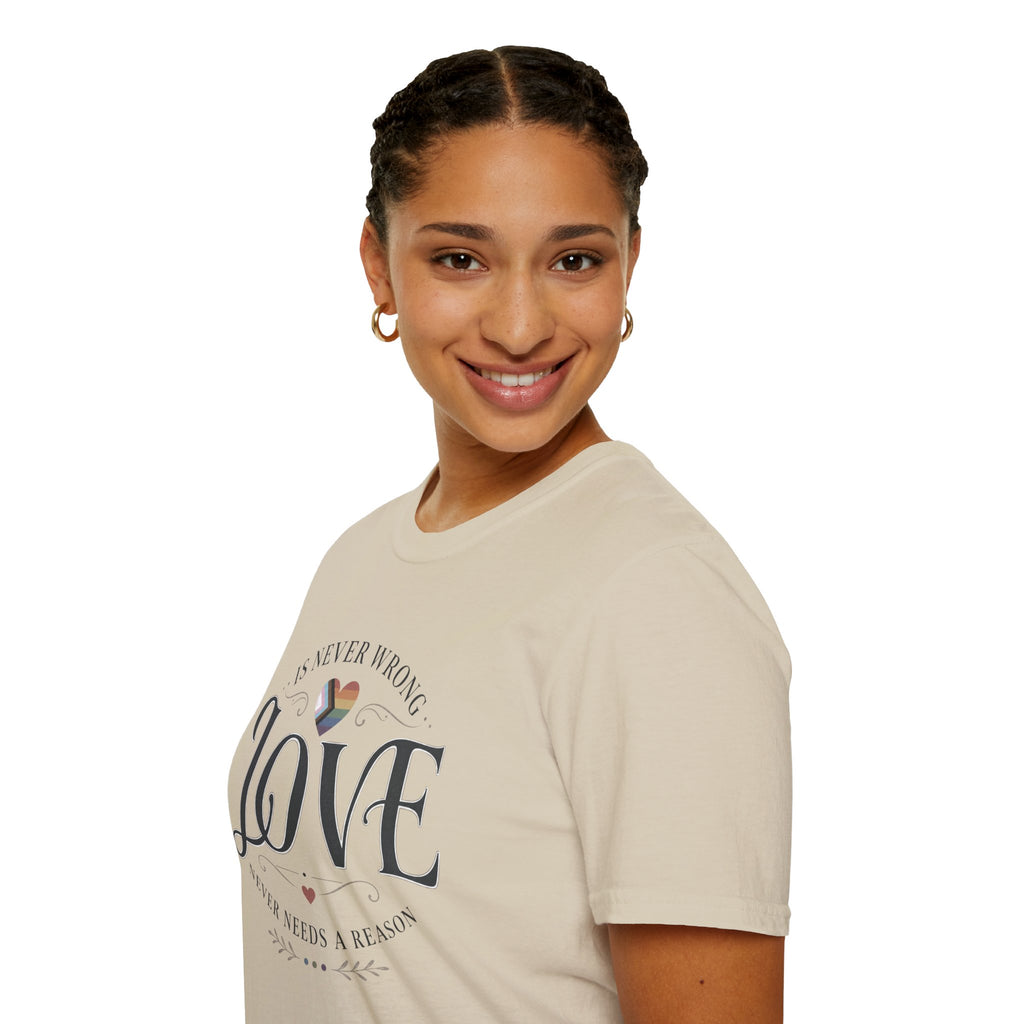 Love Is Never Wrong T-Shirt — LGBTQ+ Pride Heart Tee