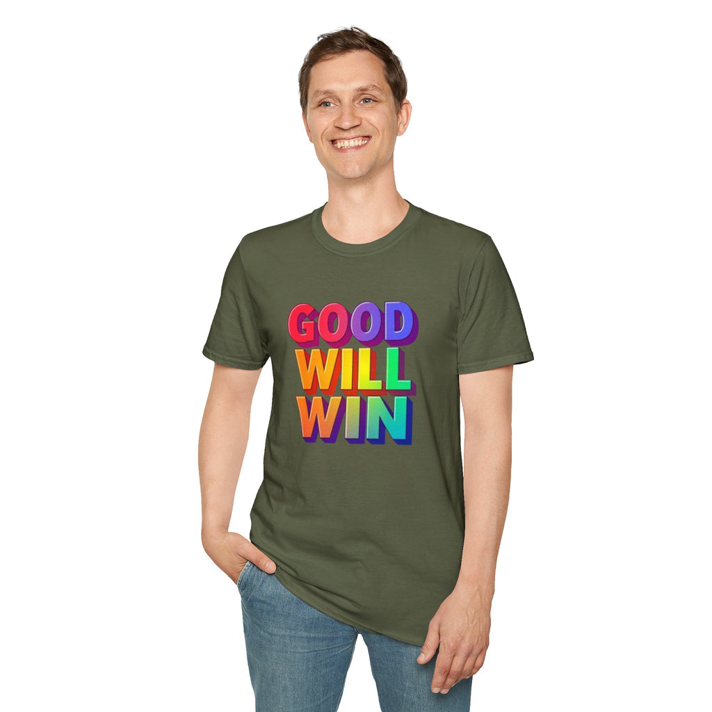 Camiseta unisex de estilo suave con mensaje positivo "Arcoíris, buena voluntad, triunfo"