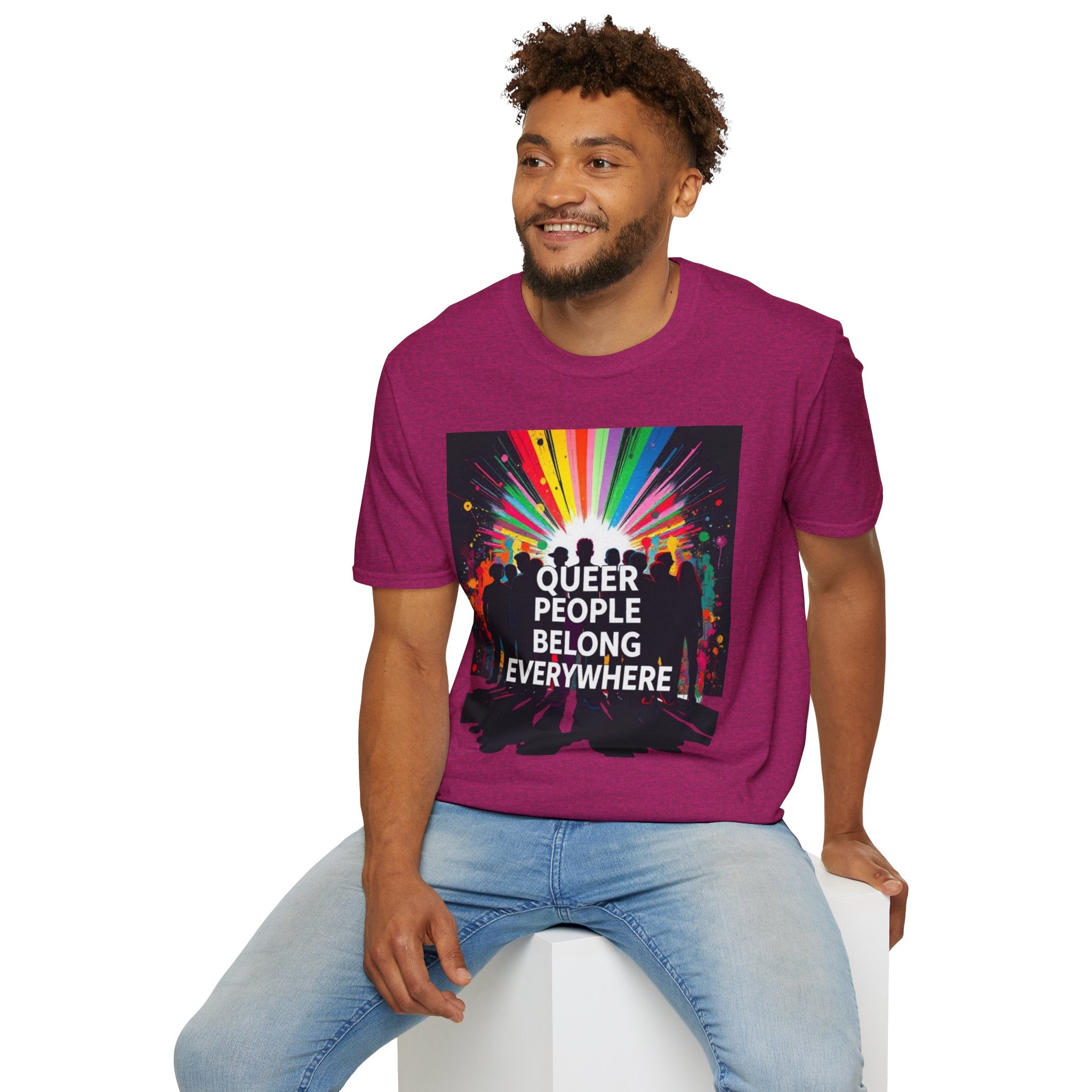 Unisex Softstyle T-Shirt - 'Queer People Belong Everywhere' Pride Graphic Tee