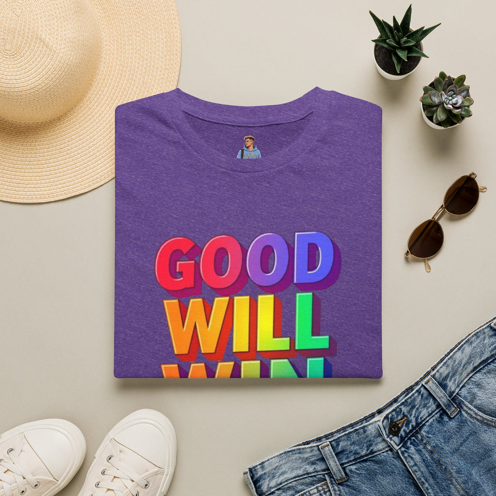 Camiseta unisex de estilo suave con mensaje positivo "Arcoíris, buena voluntad, triunfo"