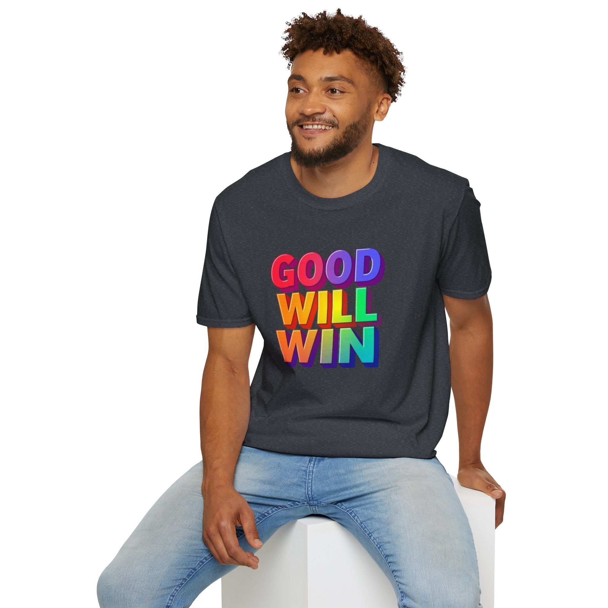 Camiseta unisex de estilo suave con mensaje positivo "Arcoíris, buena voluntad, triunfo"