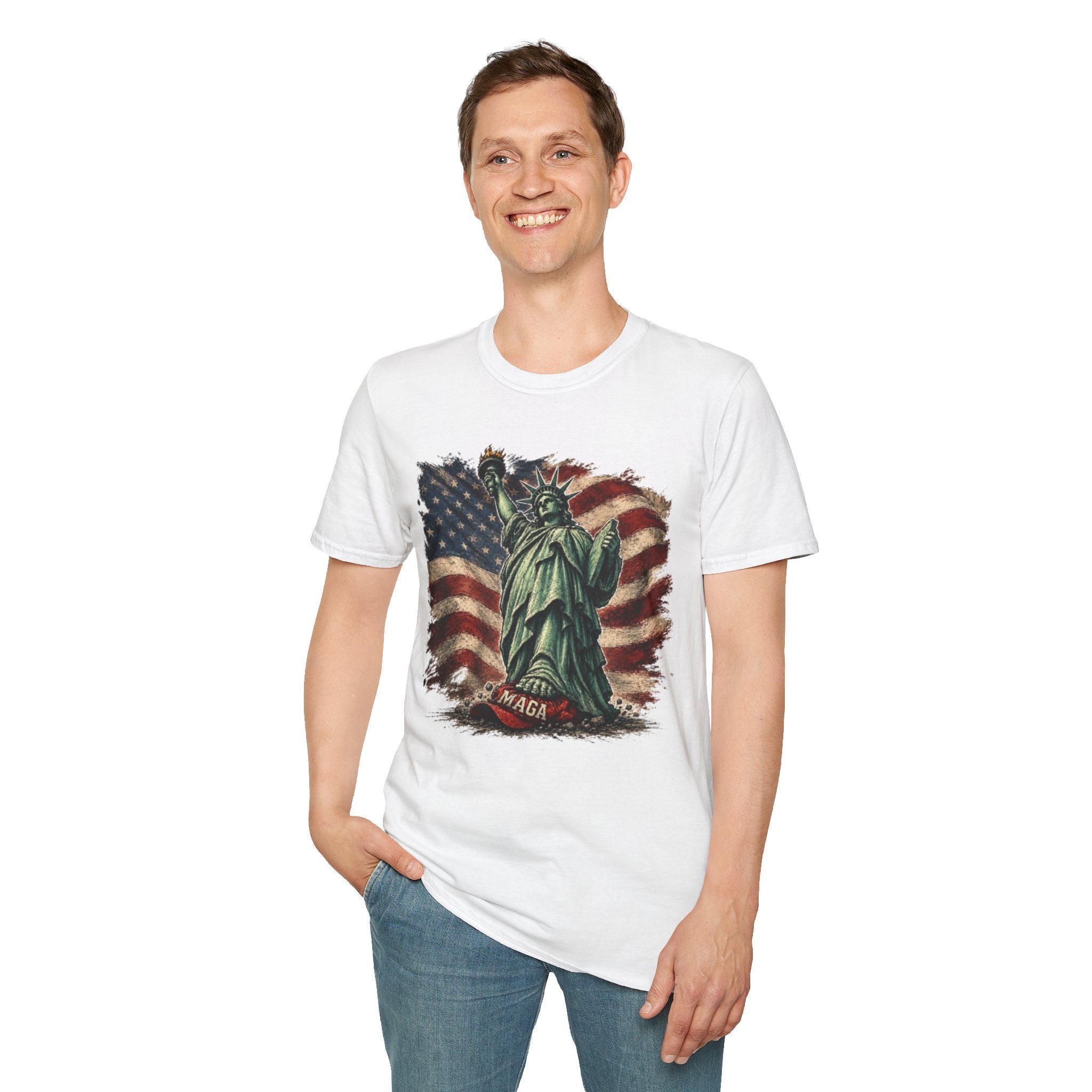 Statue of Liberty Stepping on MAGA American Flag T-Shirt — Patriotic USA Independence Day Tee