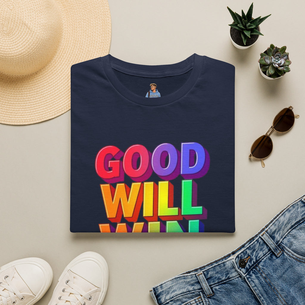Camiseta unisex de estilo suave con mensaje positivo "Arcoíris, buena voluntad, triunfo"
