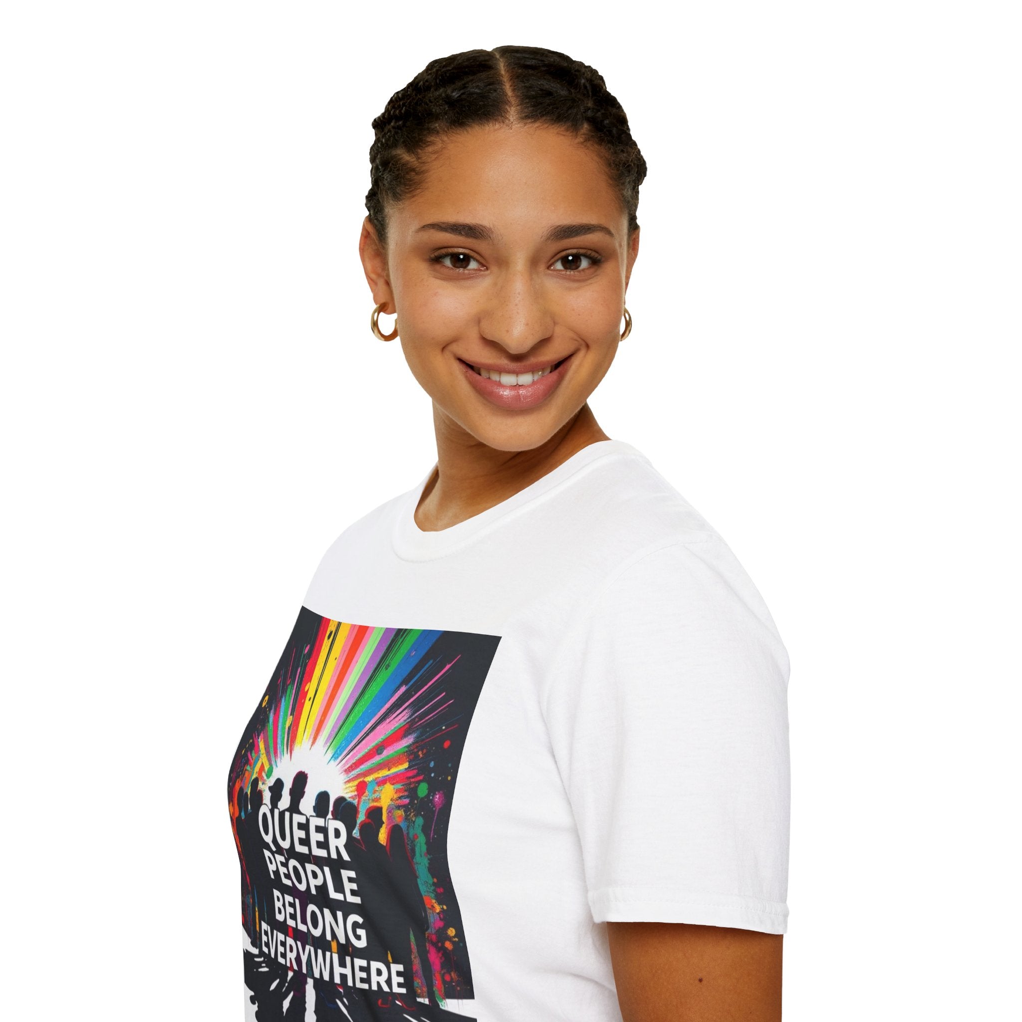Unisex Softstyle T-Shirt - 'Queer People Belong Everywhere' Pride Graphic Tee