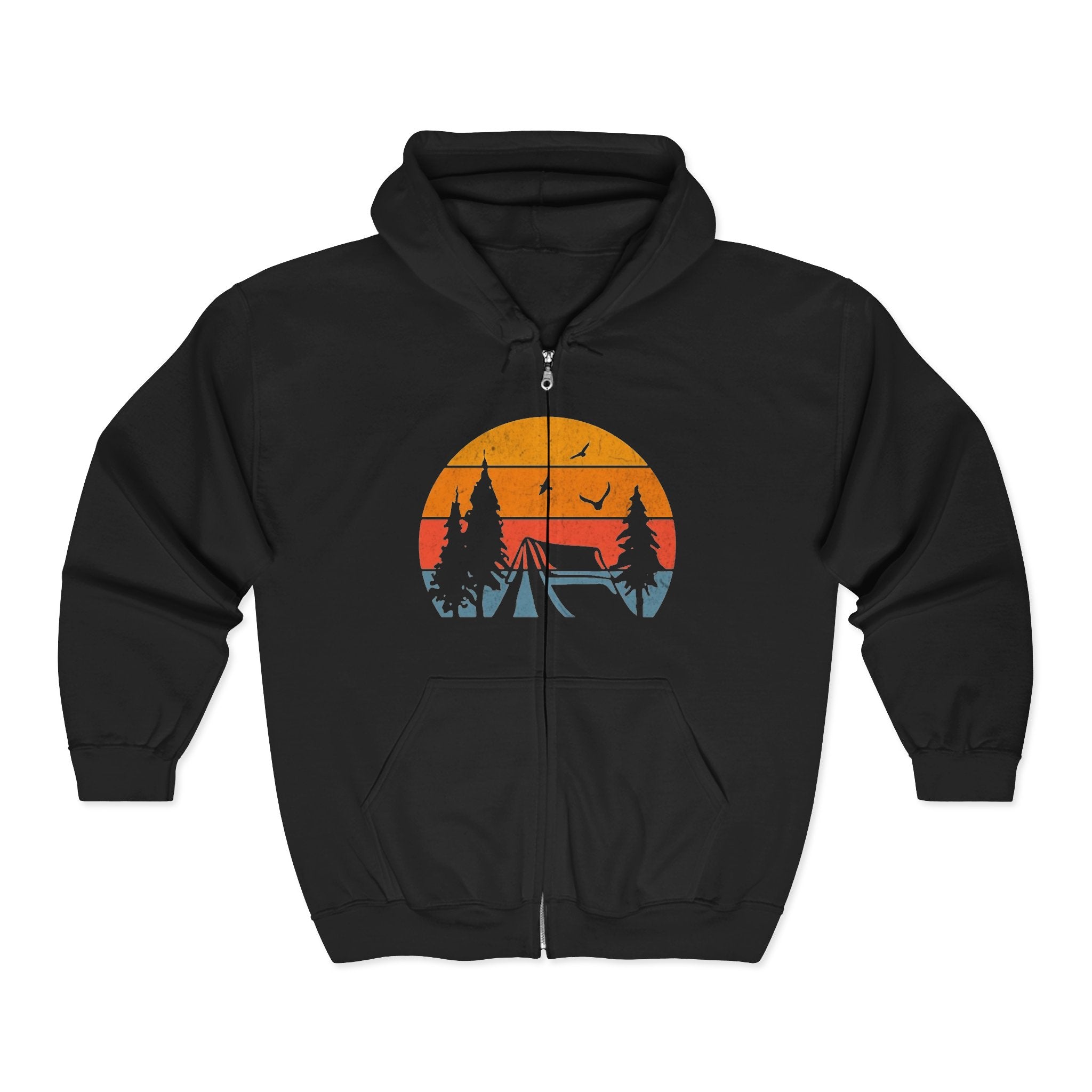 Camping Scene Hoodie, Outdoor Adventure Sweatshirt, Nature Lover Gift, Full Zip Hooded Jacket, Men Women Unisex Clothing