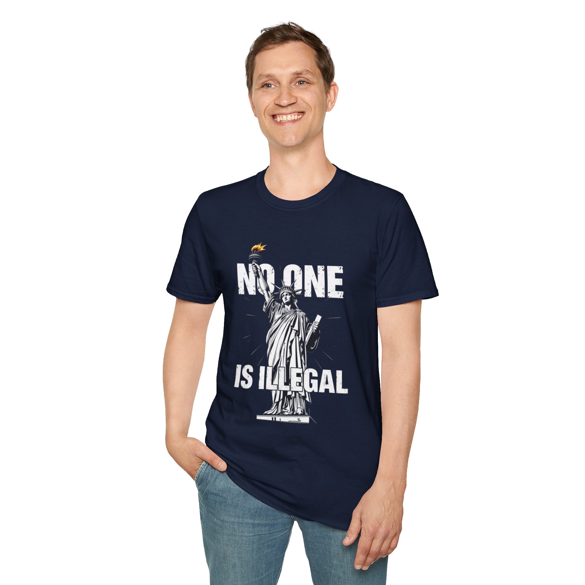 Camiseta unisex de estilo suave: camiseta gráfica con el lema "Nadie es ilegal" para defensores de la justicia social