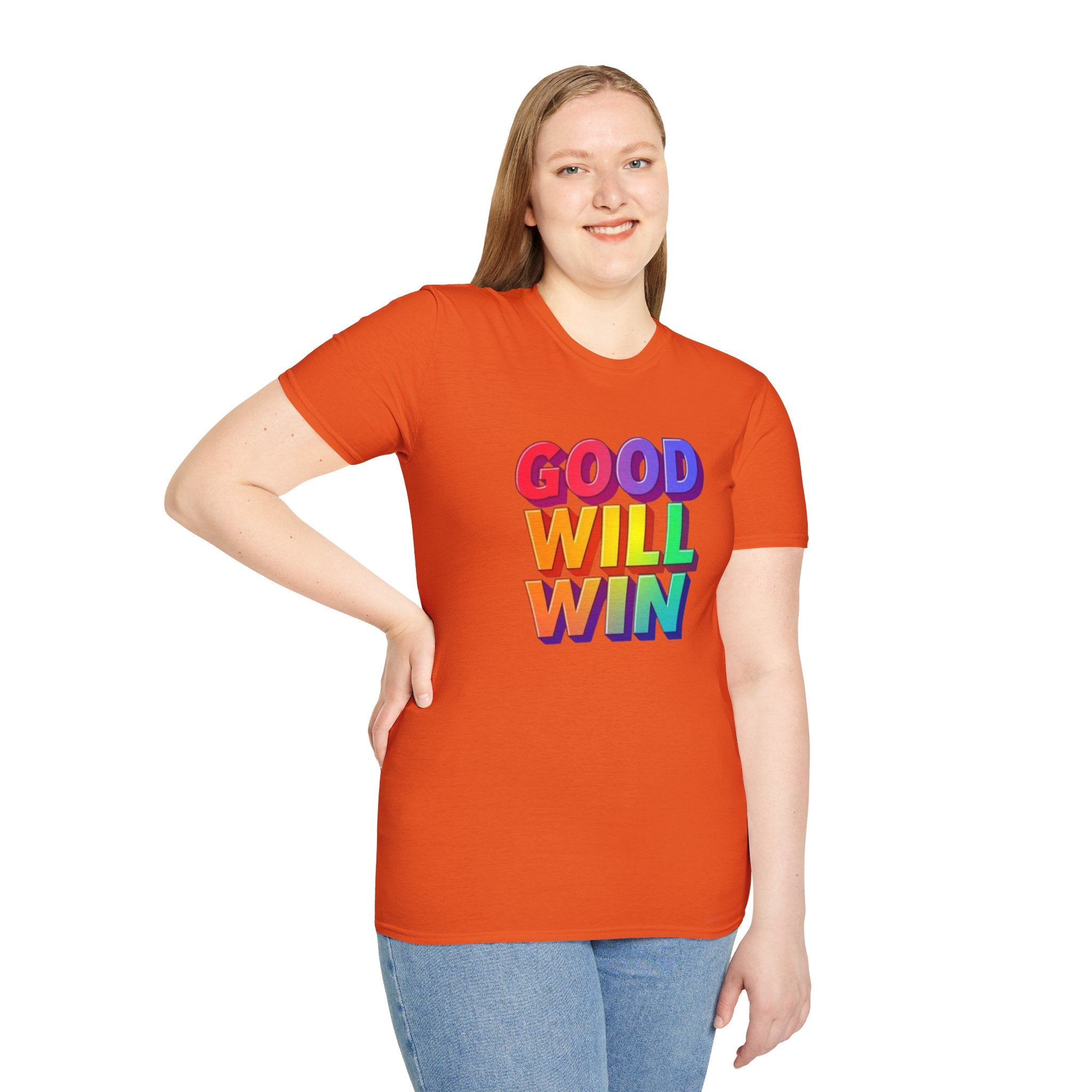 Camiseta unisex de estilo suave con mensaje positivo "Arcoíris, buena voluntad, triunfo"