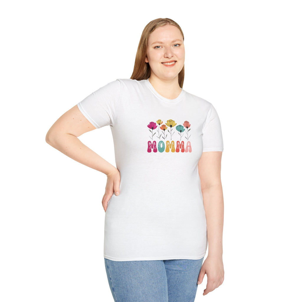Camiseta unisex de estilo suave con estampado floral 'Momma': perfecta para el Día de la Madre y para usar todos los días