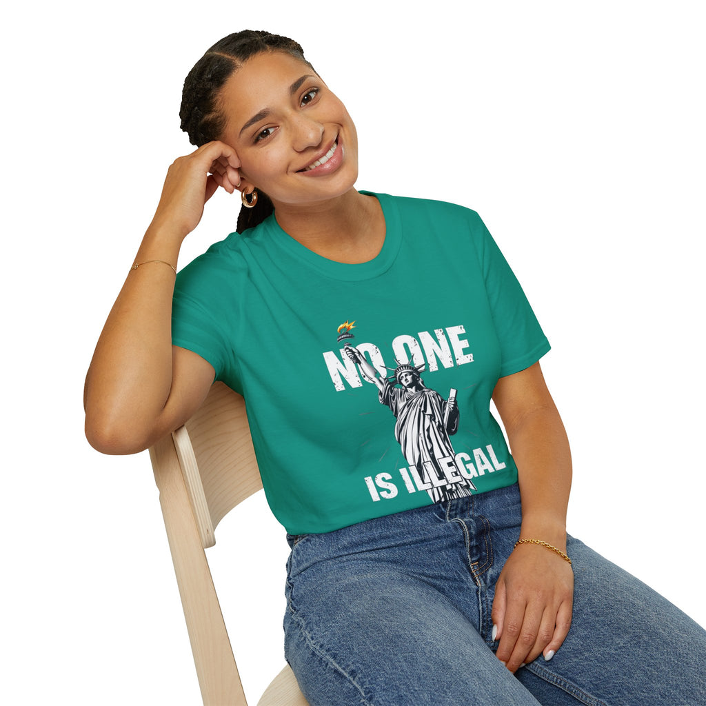 Camiseta unisex de estilo suave: camiseta gráfica con el lema "Nadie es ilegal" para defensores de la justicia social