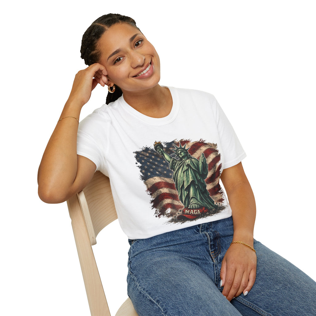 Statue of Liberty Stepping on MAGA American Flag T-Shirt — Patriotic USA Independence Day Tee