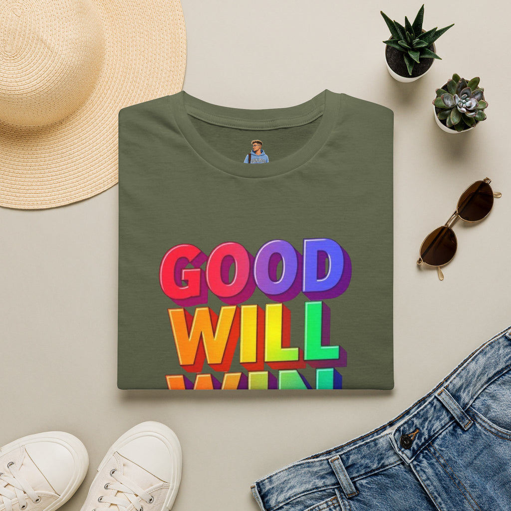 Camiseta unisex de estilo suave con mensaje positivo "Arcoíris, buena voluntad, triunfo"