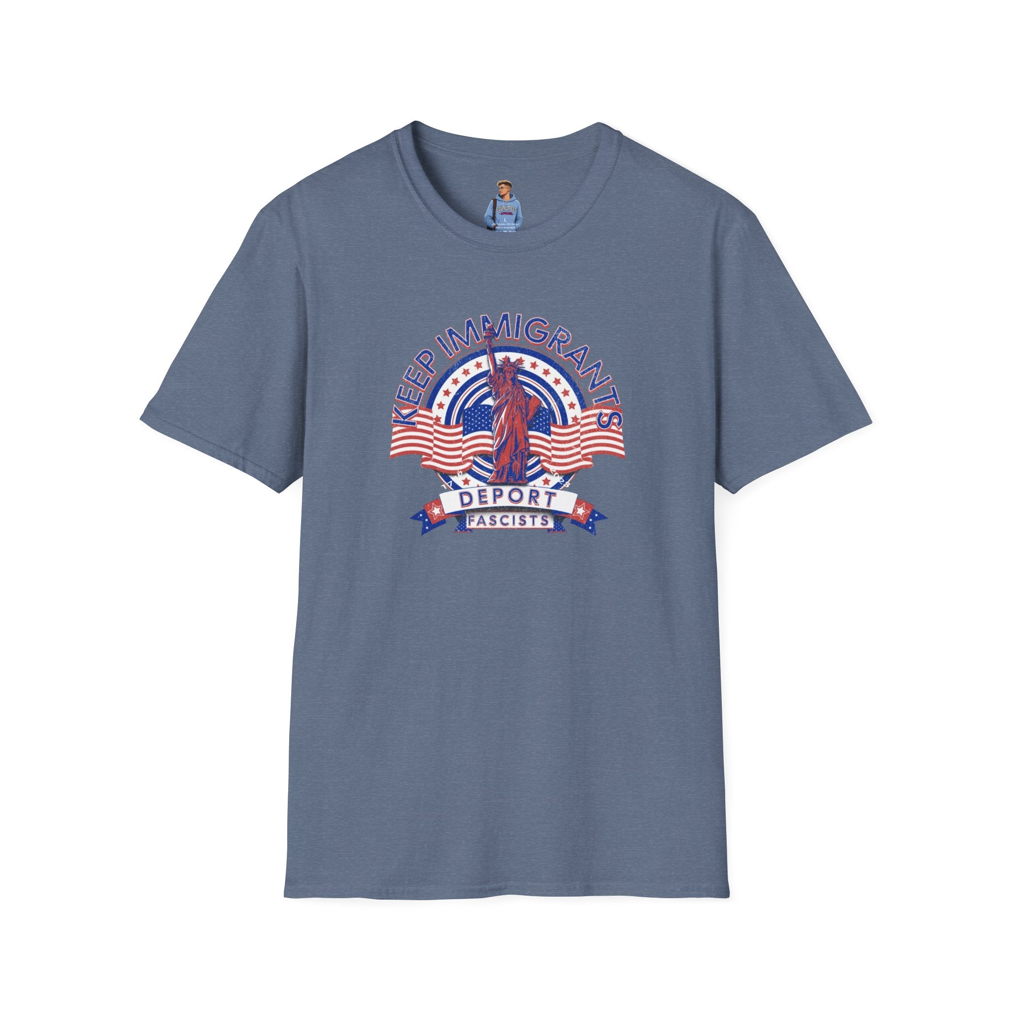 Camiseta unisex Patriota estadounidense: Mantengamos a los inmigrantes y deportemos a los fascistas: celebremos la libertad y la diversidad