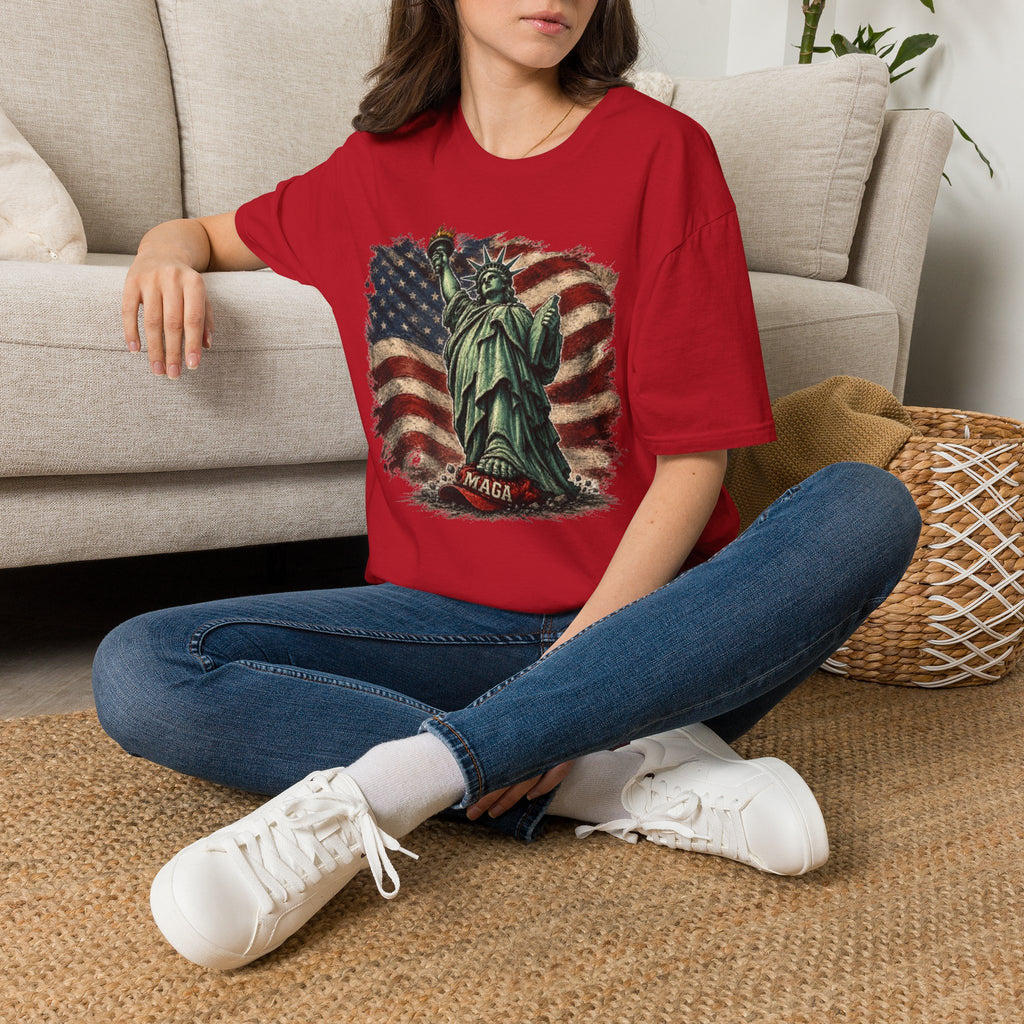 Statue of Liberty Stepping on MAGA American Flag T-Shirt — Patriotic USA Independence Day Tee