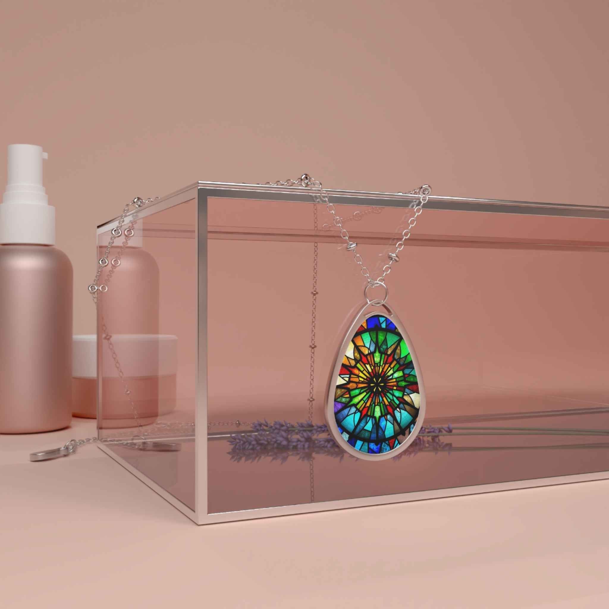 Stained Glass Oval Necklace – Colorful Eye Teardrop Pendant