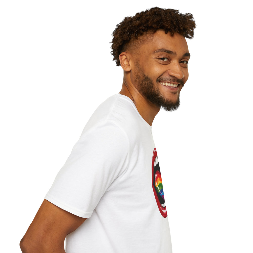 Pride Love Unisex Softstyle T-Shirt | LGBTQ+ Rainbow Heart Design