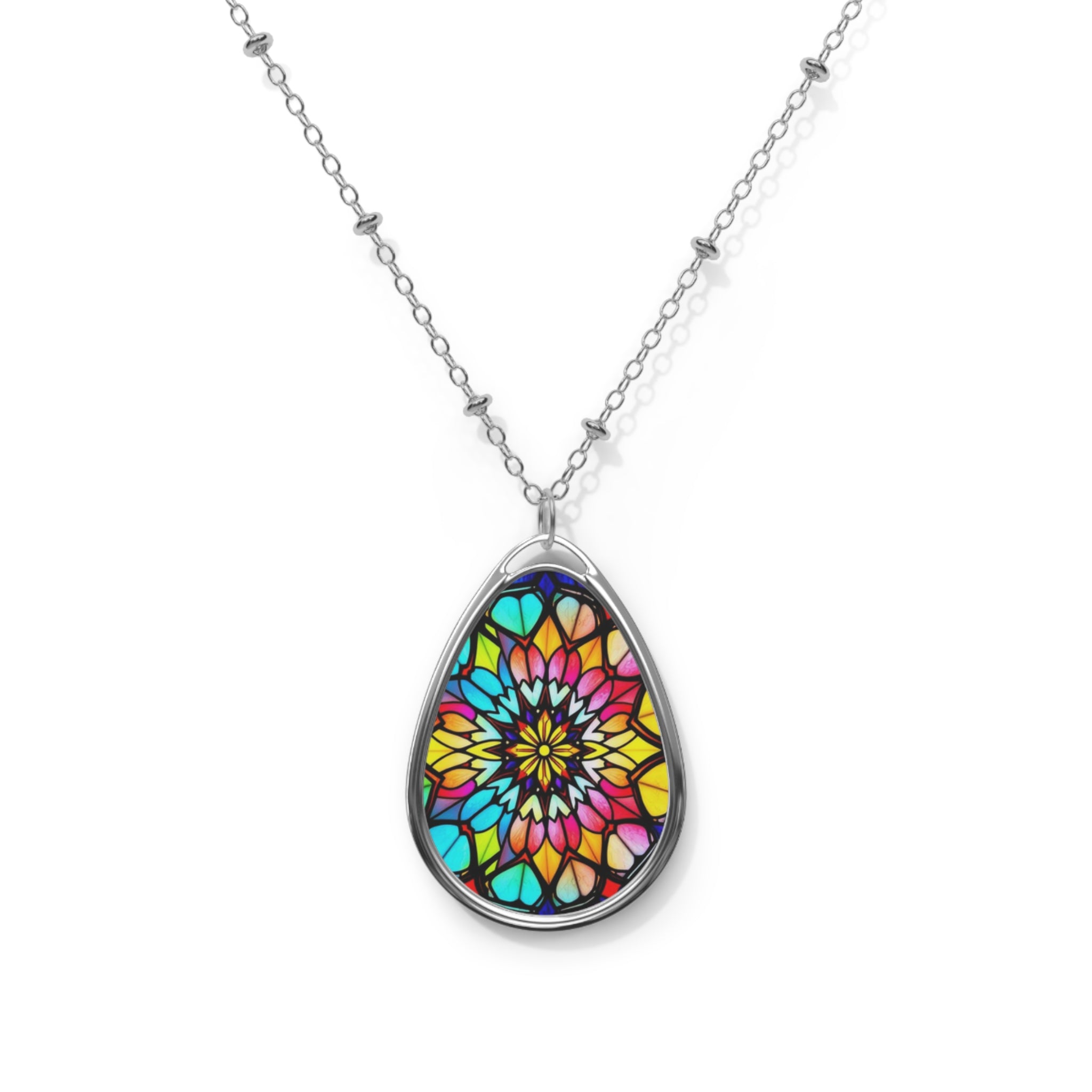 Stained Glass Mandala Teardrop Pendant Necklace