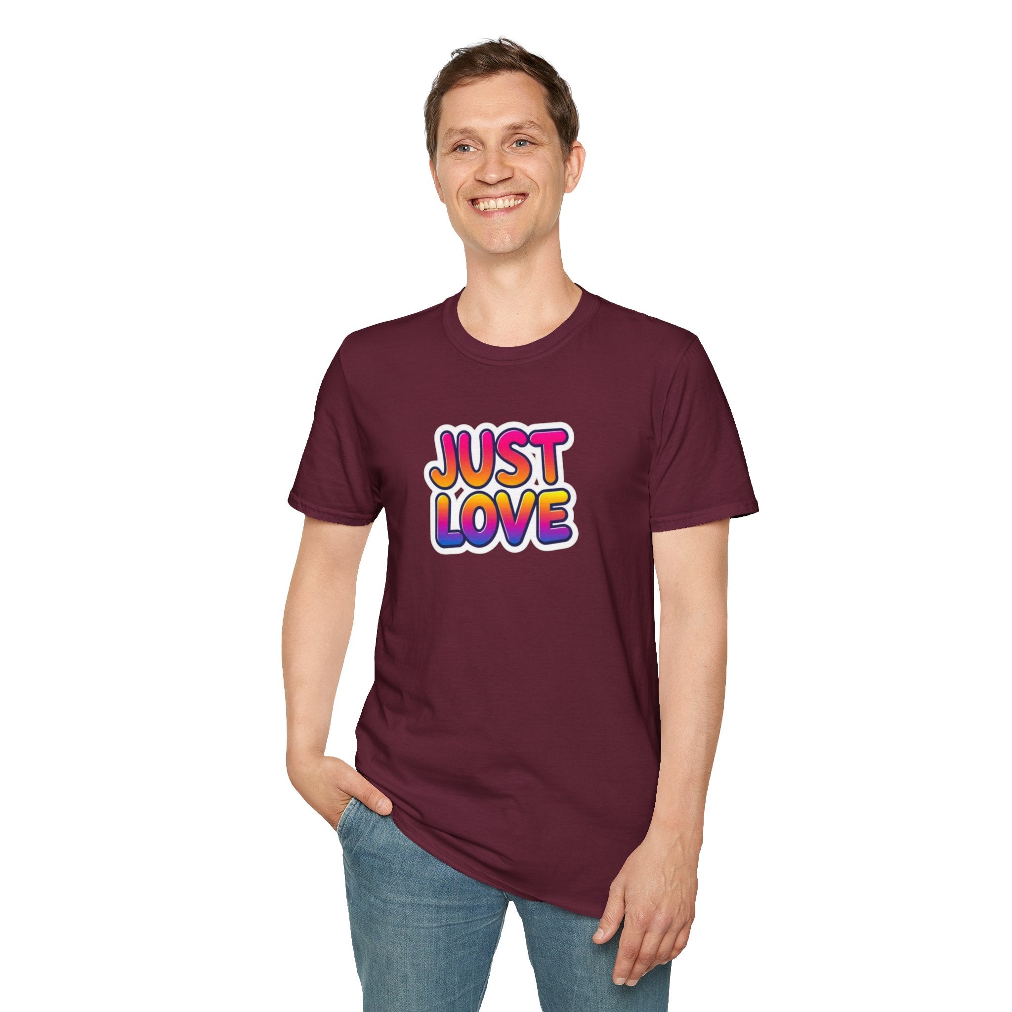 Camiseta unisex de estilo suave Just Love | Perfecta para el orgullo, los aniversarios y el uso diario
