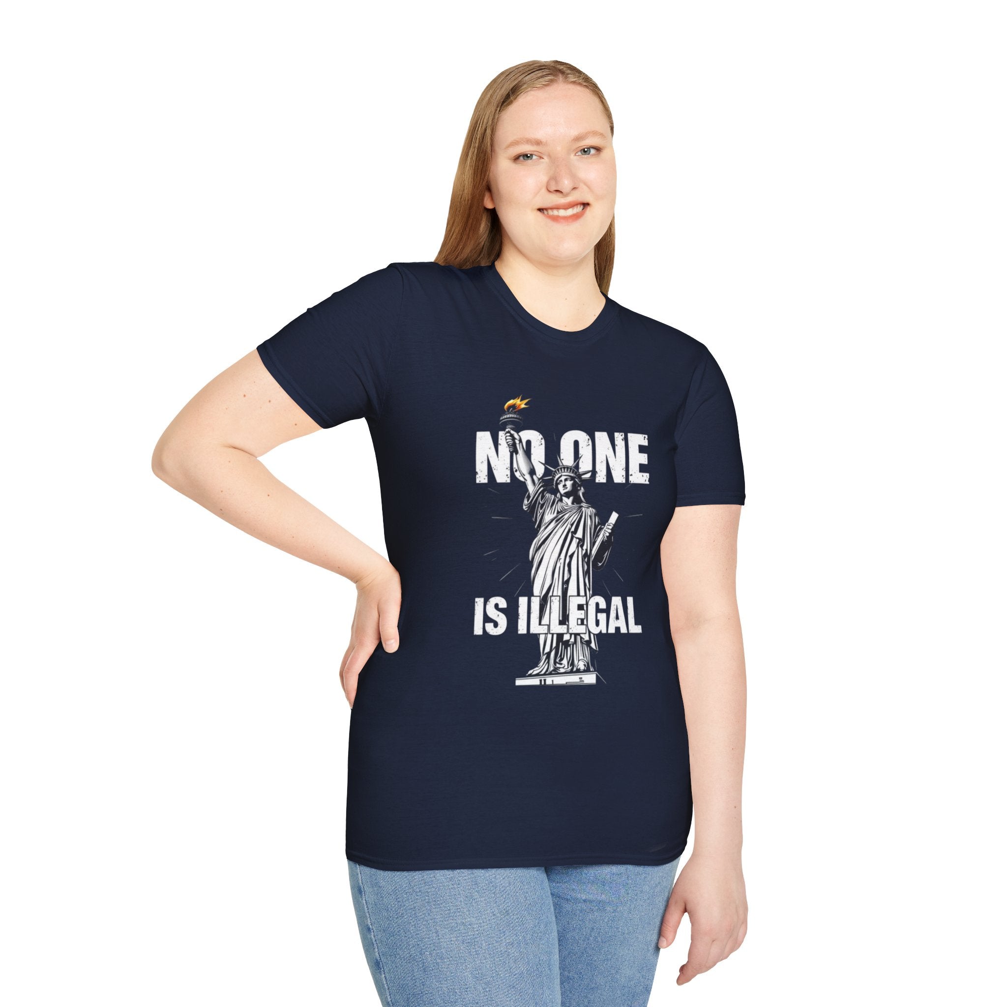 Camiseta unisex de estilo suave: camiseta gráfica con el lema "Nadie es ilegal" para defensores de la justicia social