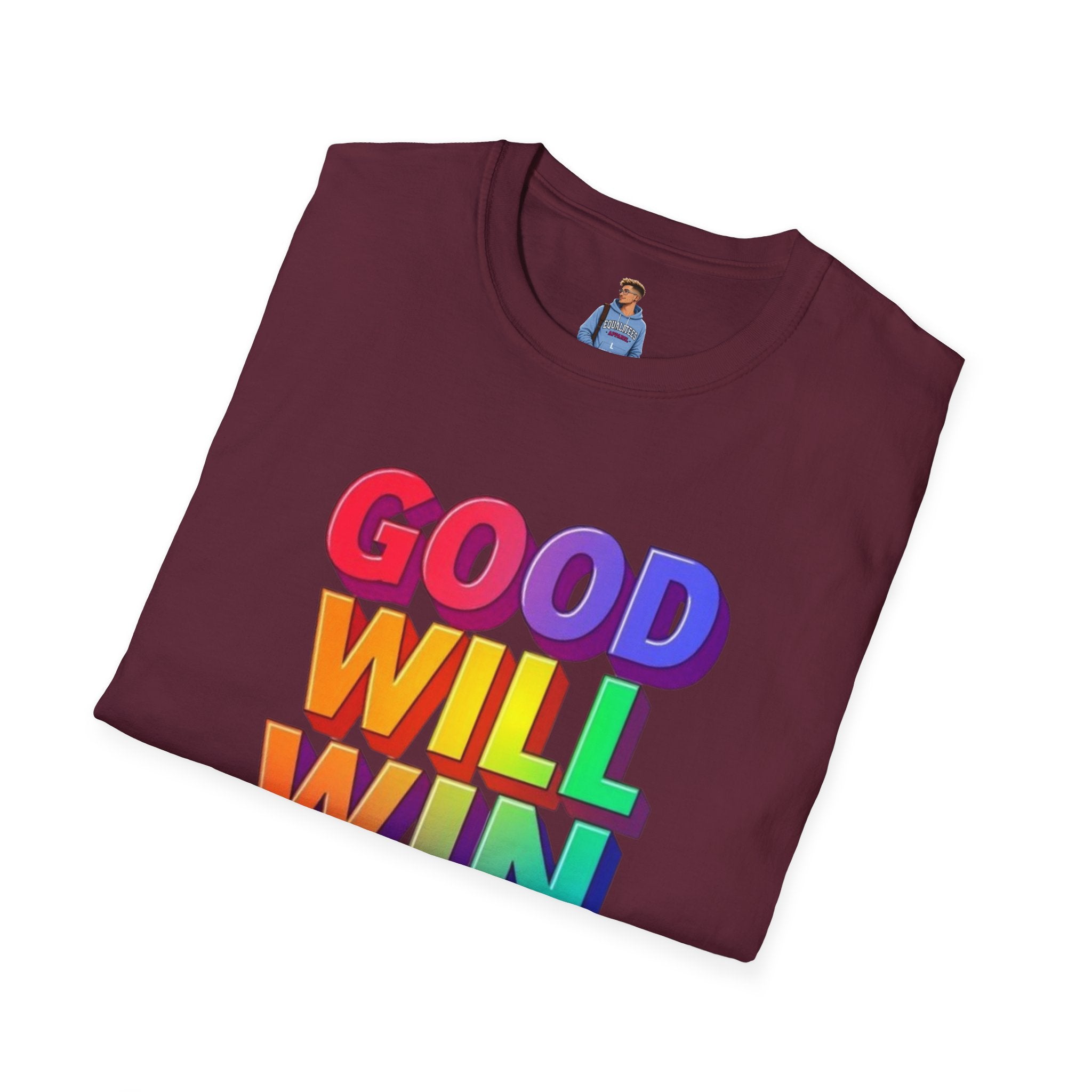 Camiseta unisex de estilo suave con mensaje positivo "Arcoíris, buena voluntad, triunfo"