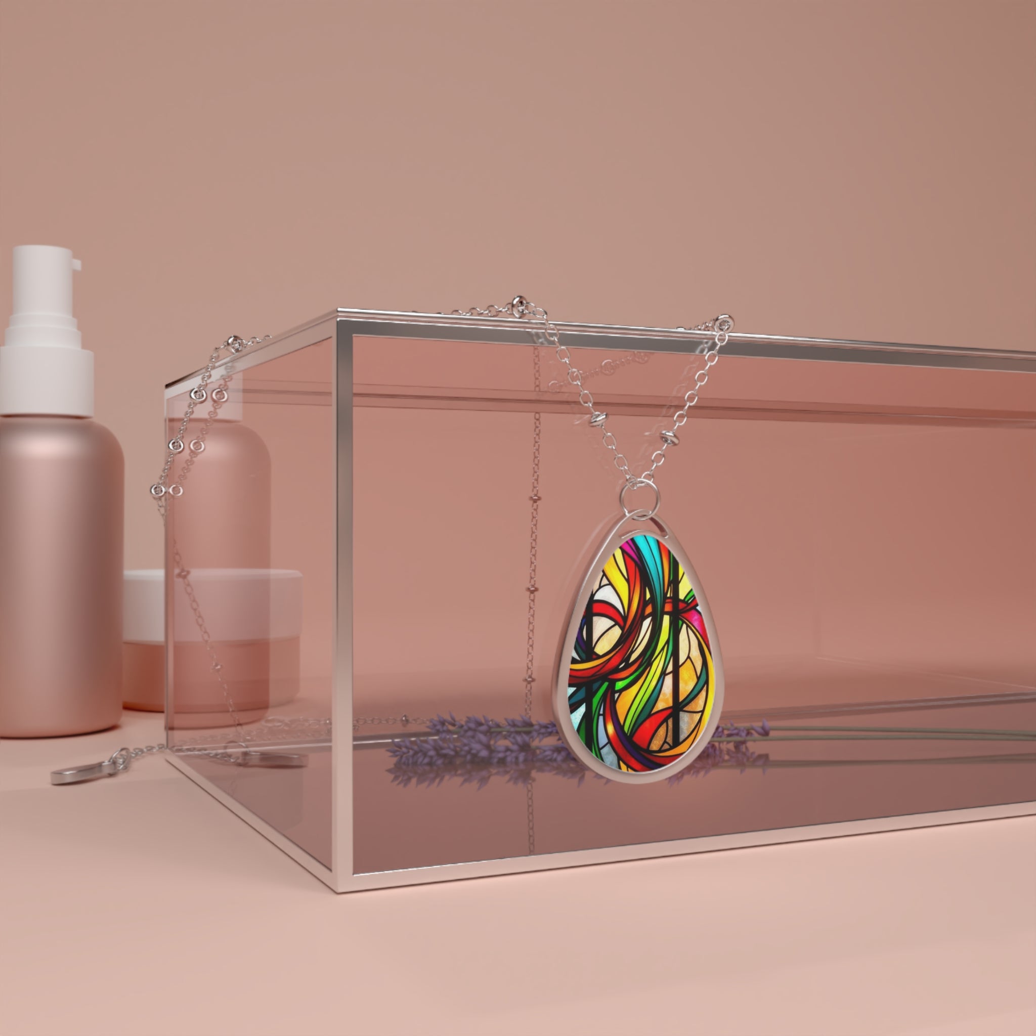 Stained Glass Design Teardrop Pendant Necklace