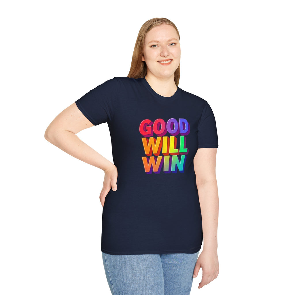 Camiseta unisex de estilo suave con mensaje positivo "Arcoíris, buena voluntad, triunfo"