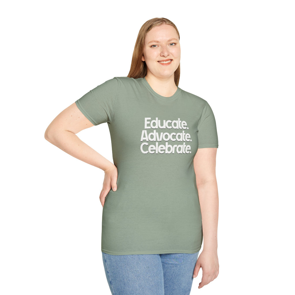Educate. Advocate. Celebrate. Minimalist Pride T-Shirt